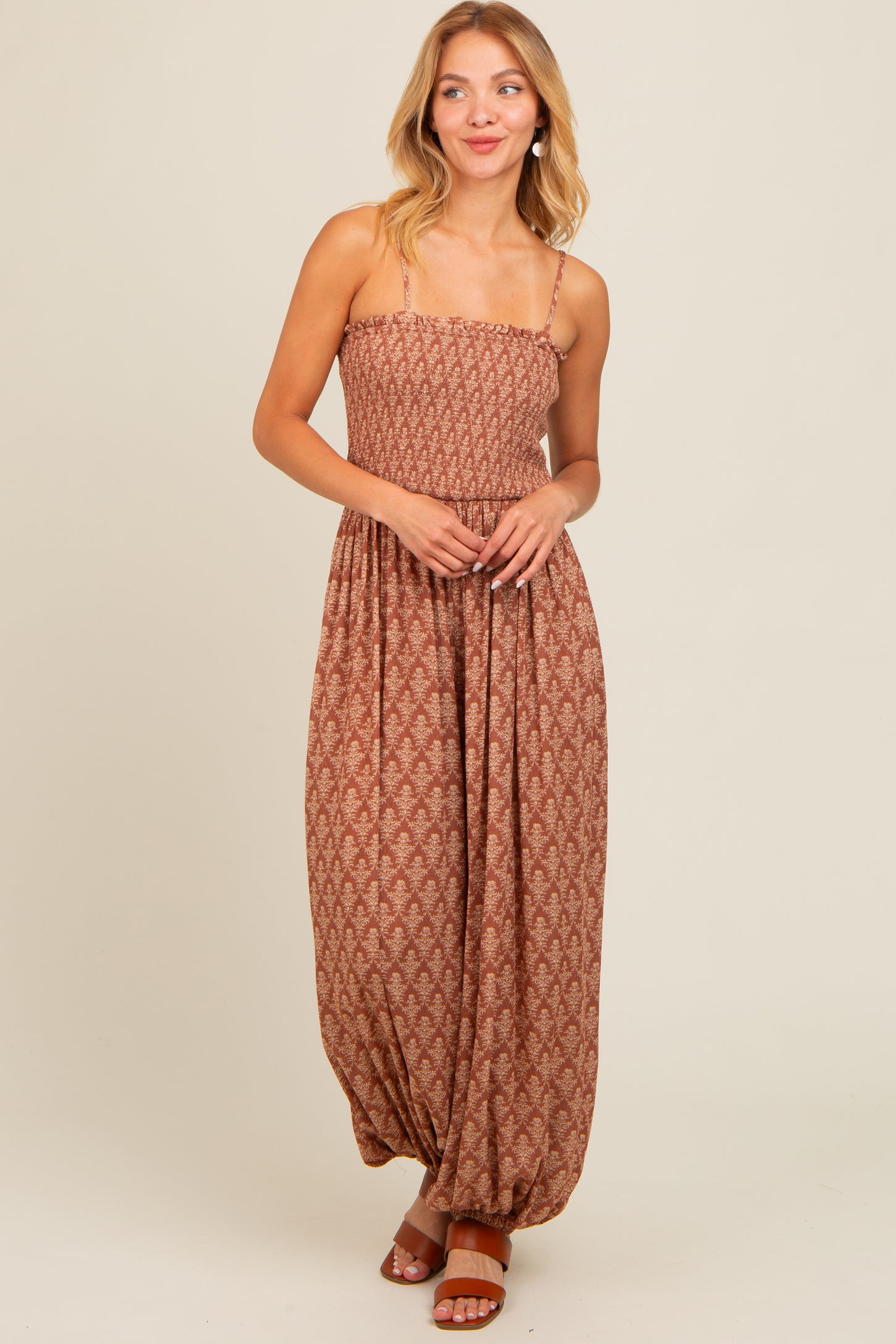 Mocha Damask Smocked Balloon Leg Jumpsuit