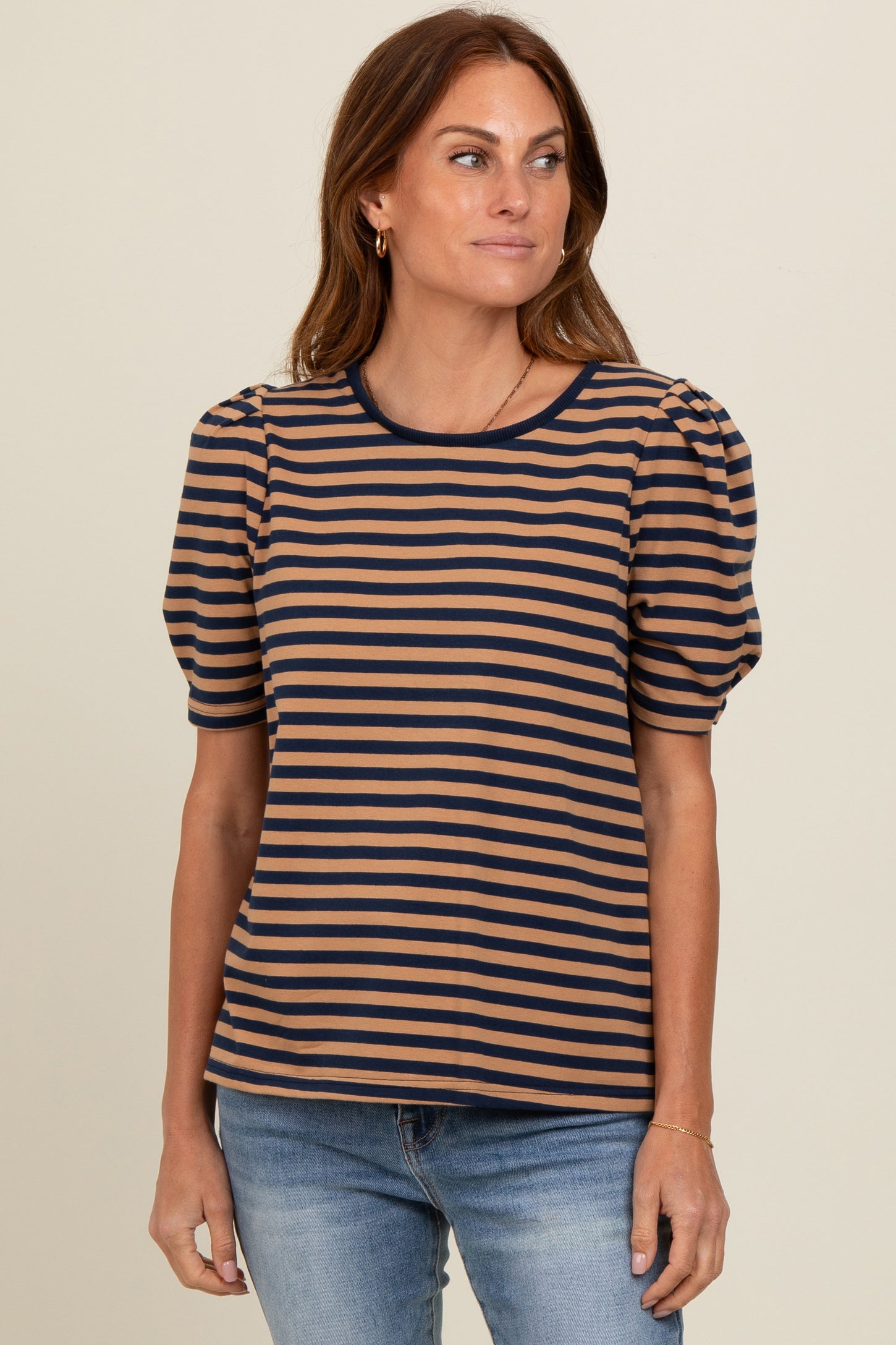 Navy Multi Striped Puff Sleeve Knit Top