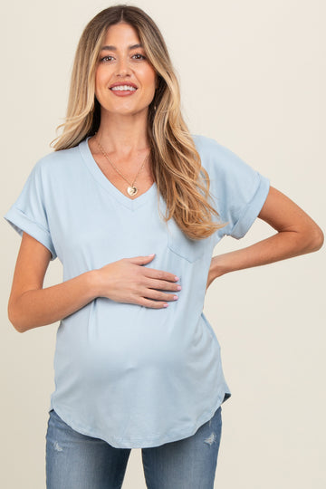 Light Blue V-Neck Pocket Short Sleeve Maternity Shirt