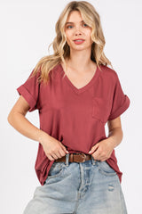 Burgundy V-Neck Pocket Short Sleeve Shirt