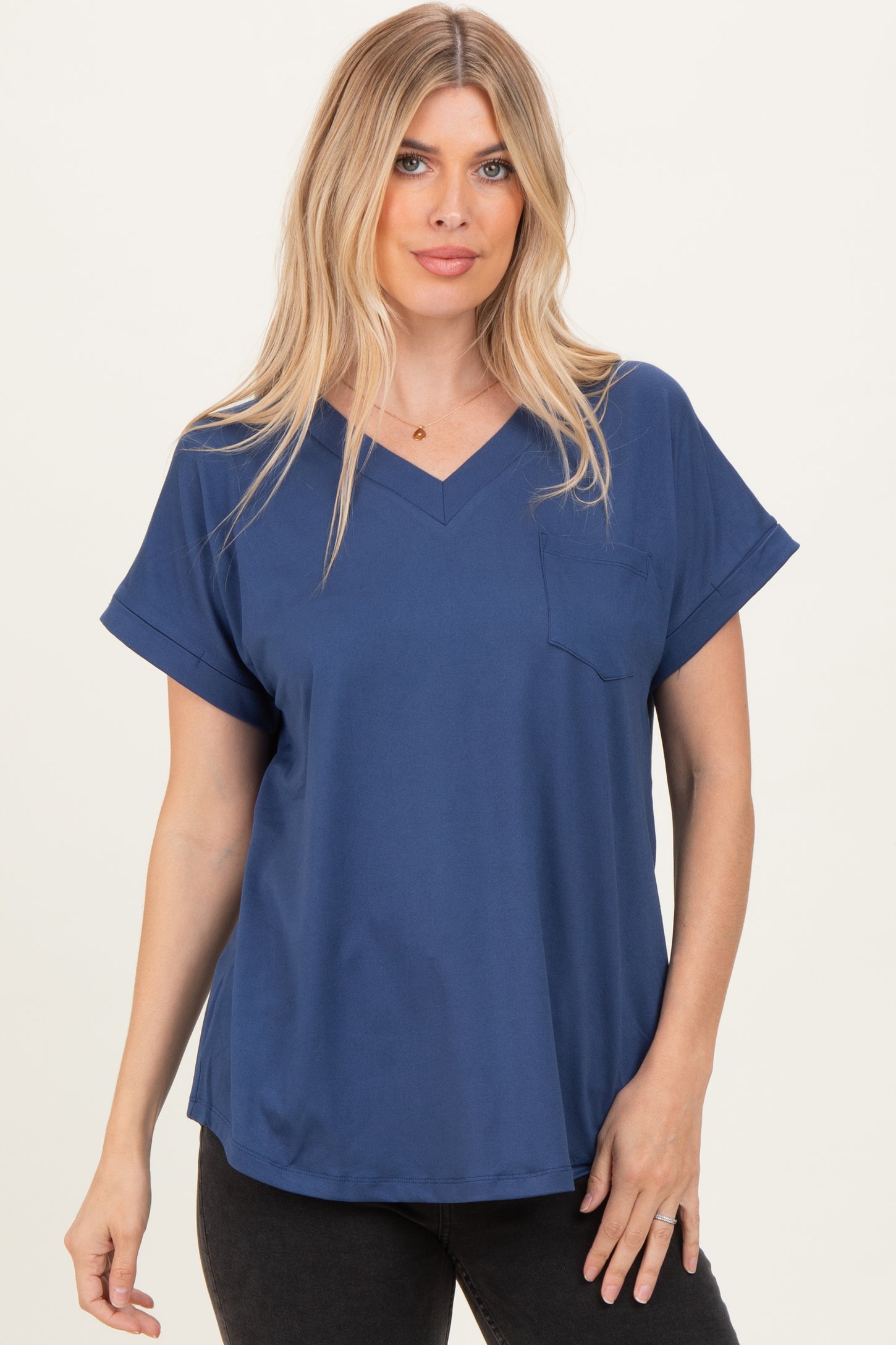 Navy V-Neck Pocket Short Sleeve Maternity Shirt
