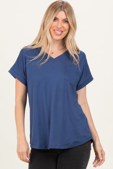Navy V-Neck Pocket Short Sleeve Shirt