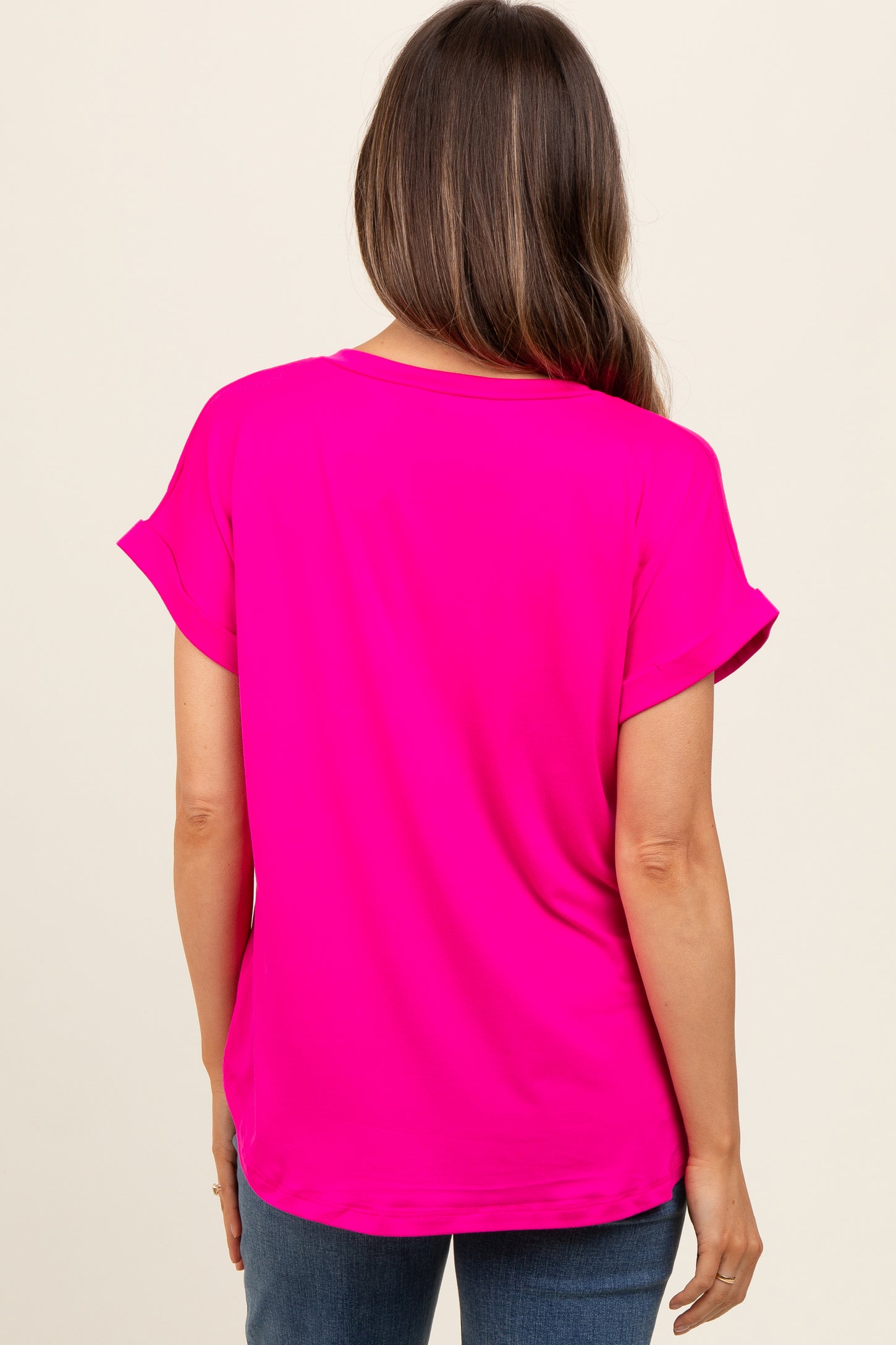 Fuchsia V-Neck Pocket Short Sleeve Maternity Shirt