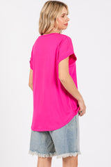 Fuchsia V-Neck Pocket Short Sleeve Shirt