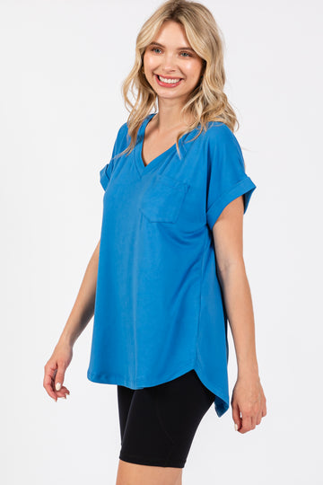 Royal Blue V-Neck Pocket Short Sleeve Shirt