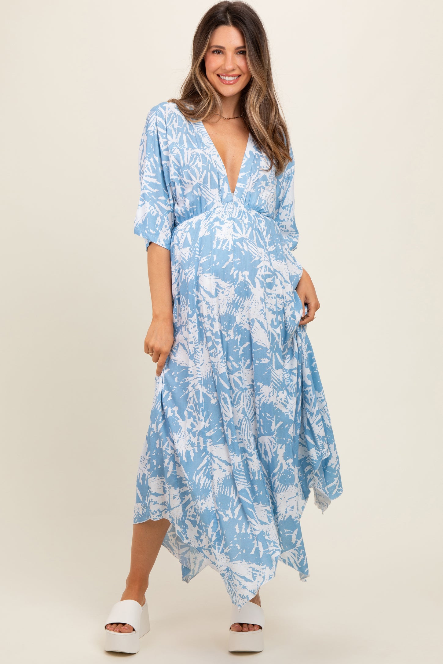 blue and pink maternity maxi dress Aqua Floral 3/4 Sleeve Maxi Dress