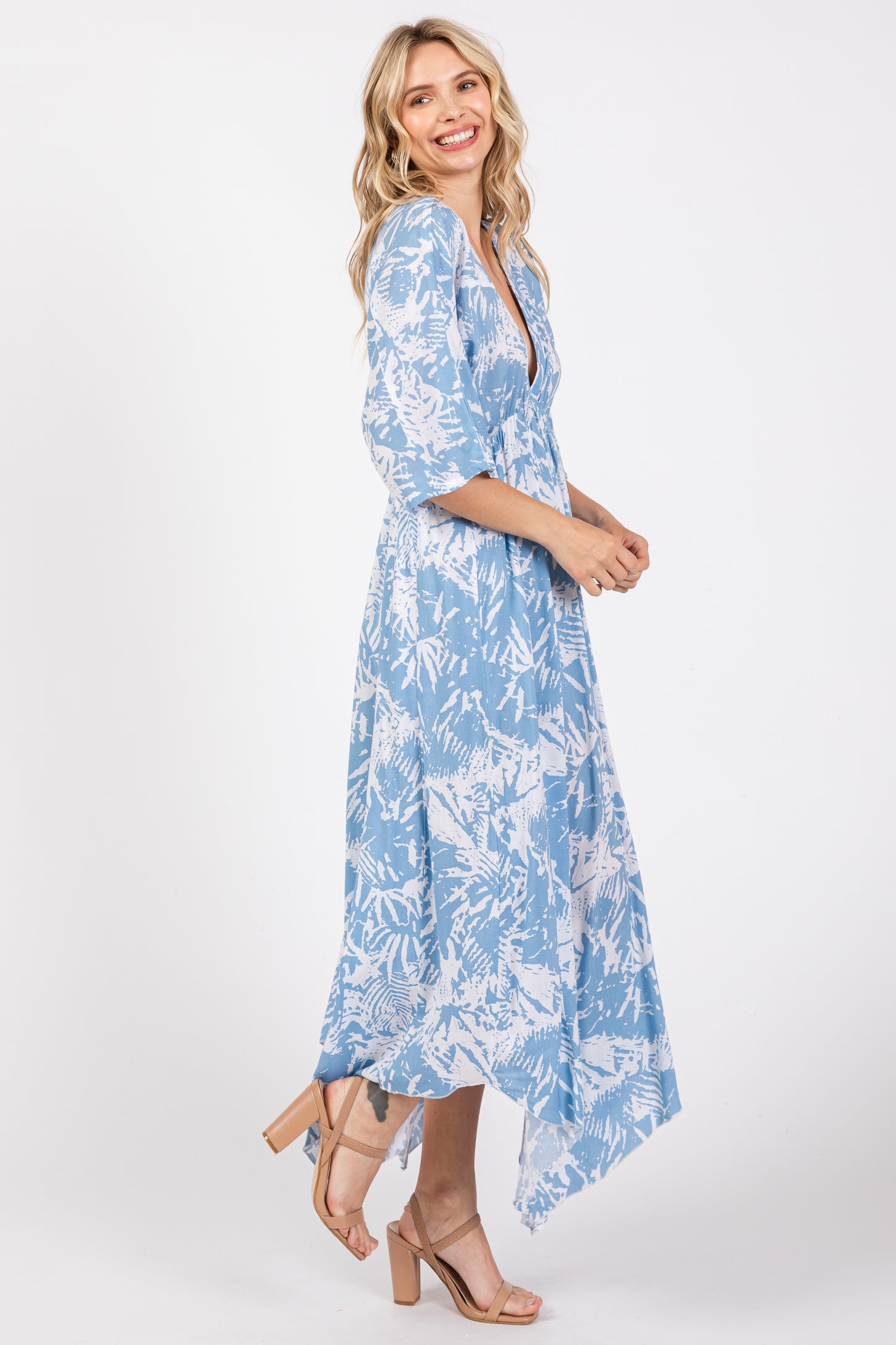 Blue Printed V-Neck Draped Maxi Dress PinkBlush Blue Printed V-Neck Draped Maxi Dress PinkBlush