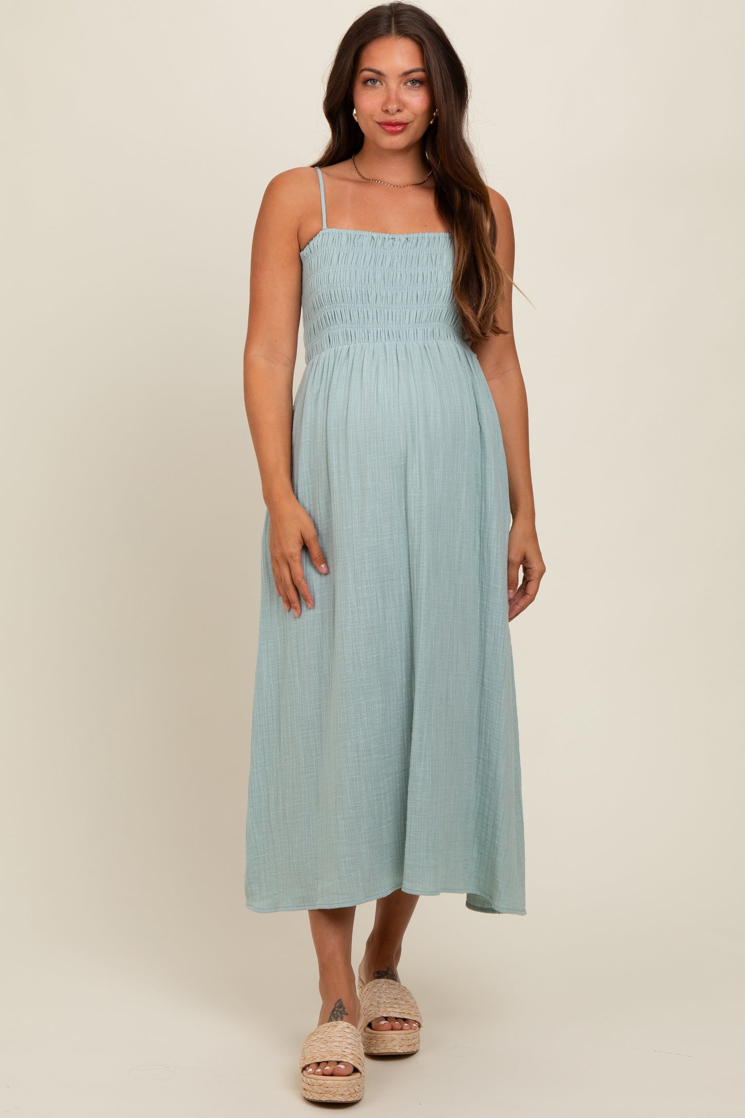 cotton gauze maternity dress Boho Maternity Dress: Beige Cotton Gauze Gown, Flutter Sleeves