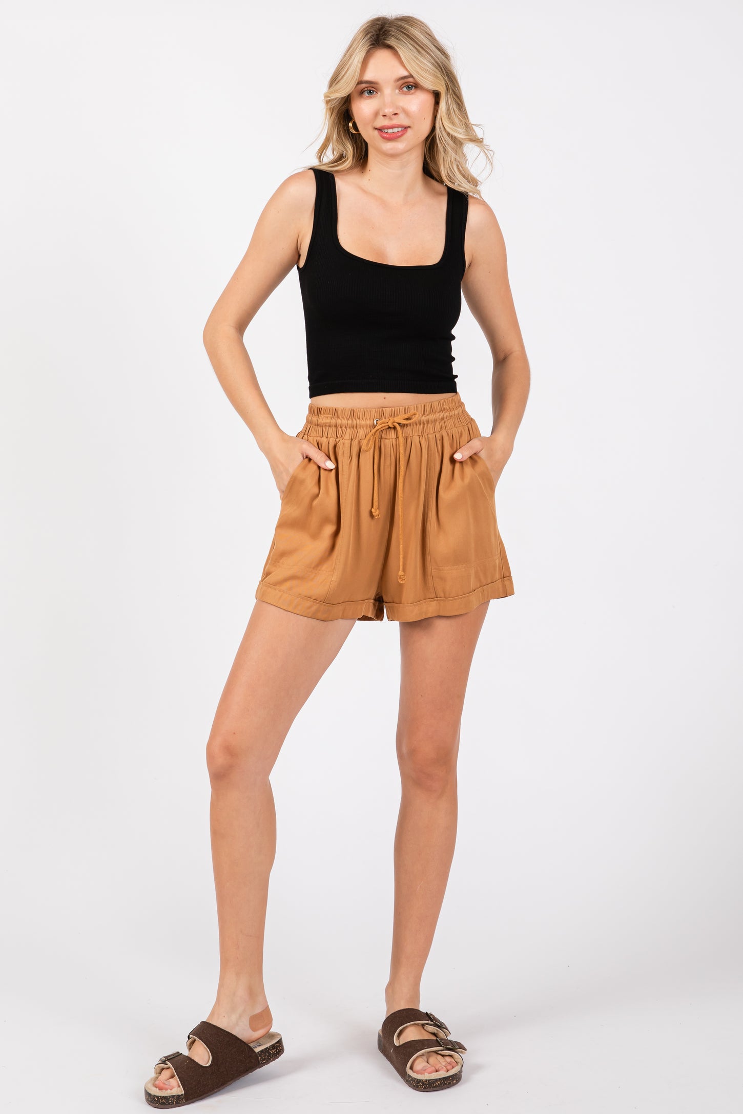 Camel Drawstring Waist Tie Shorts