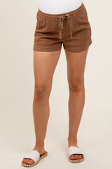 Brown Drawstring Side Pocket Maternity Shorts