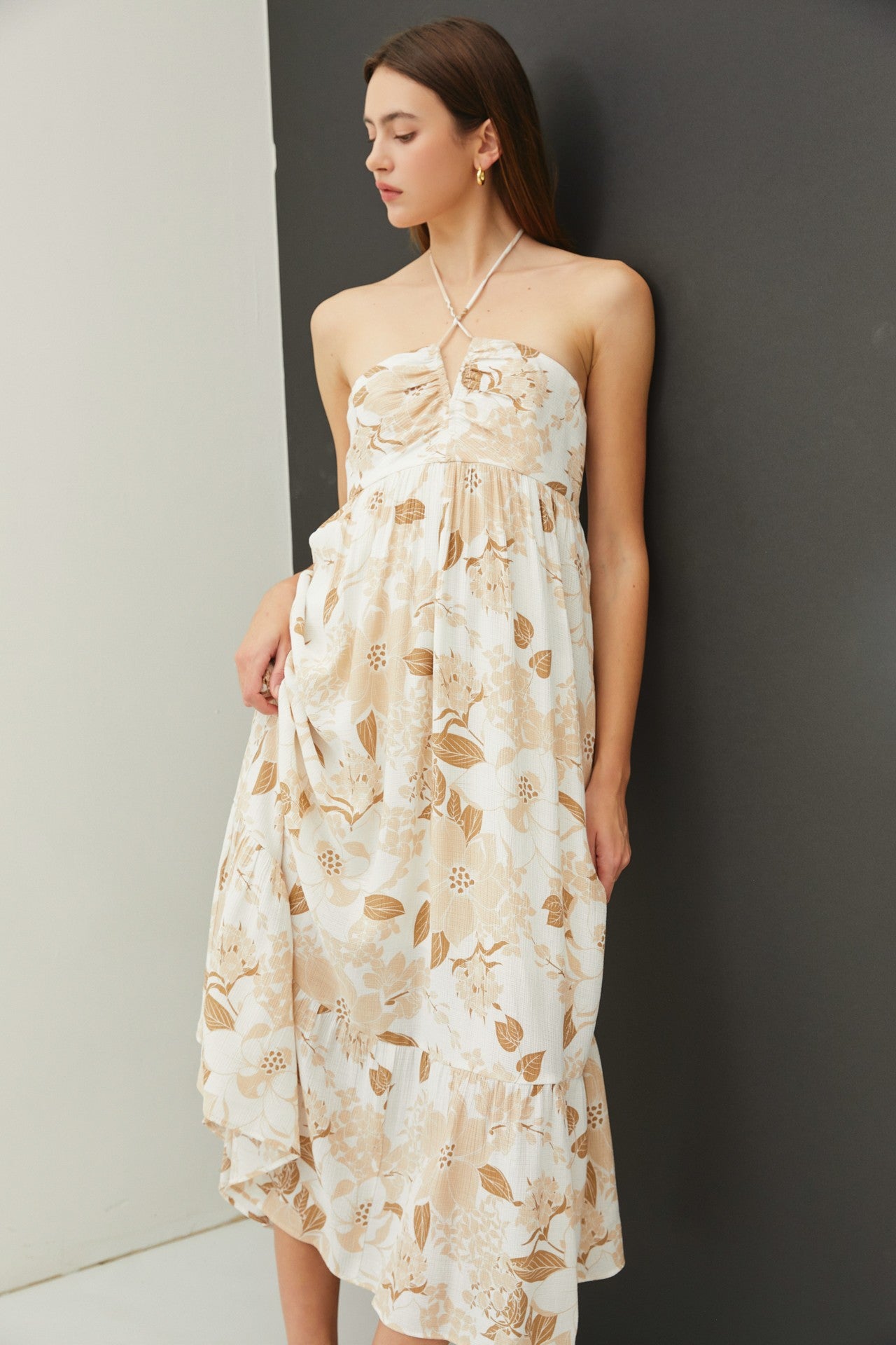 Beige Floral Ruched Front Halter Midi Dress