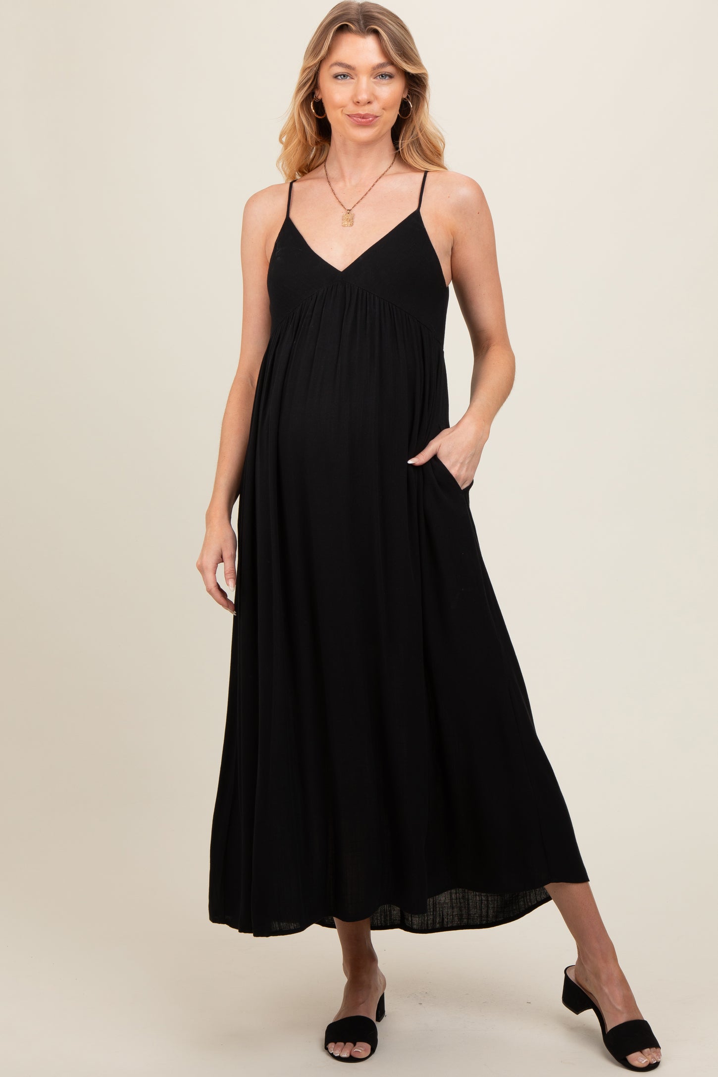 Black Sleeveless V-Neck Maternity Midi Dress – PinkBlush