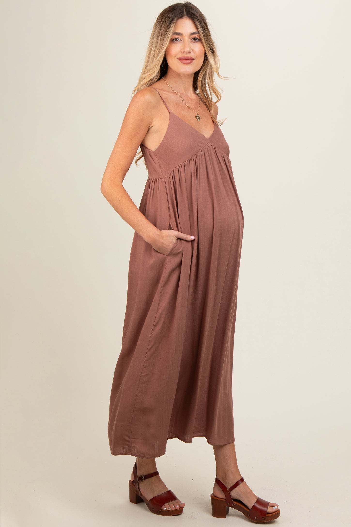 Mocha V-Neck Sleeveless Maternity Midi Dress