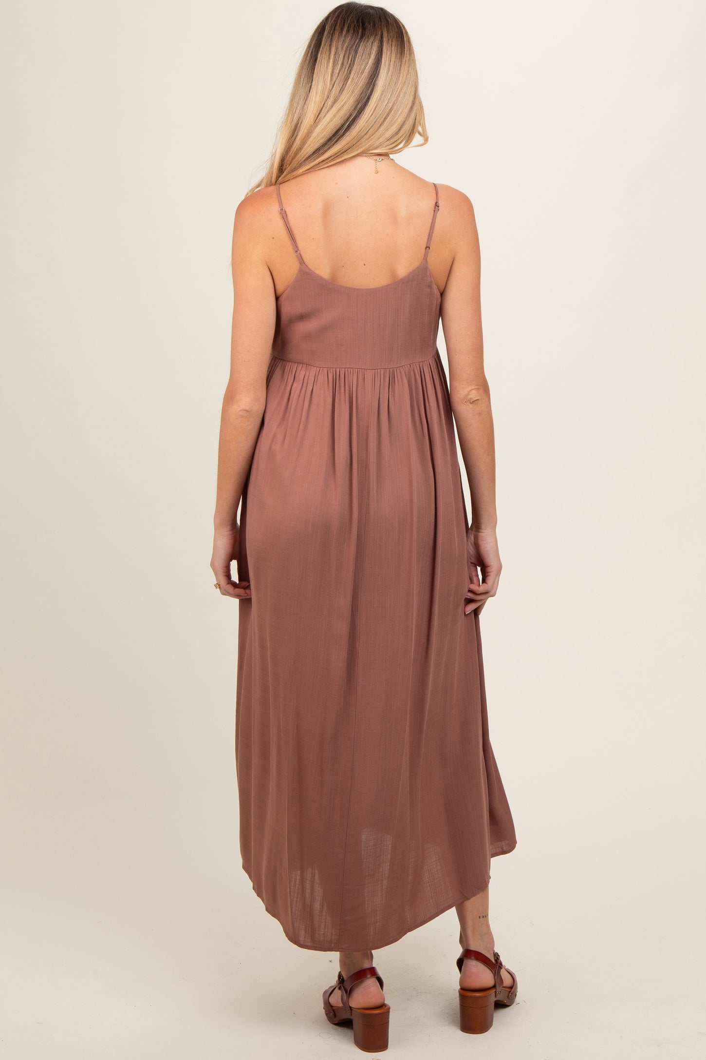 Mocha V-Neck Sleeveless Maternity Midi Dress