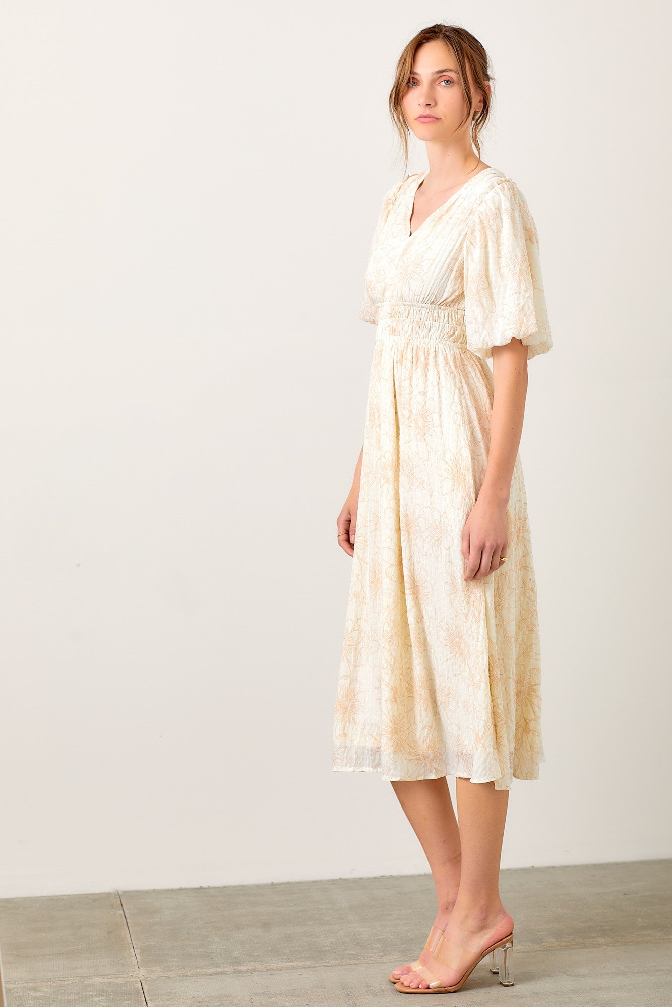 Cream Floral Smocked Waist Midi Dress