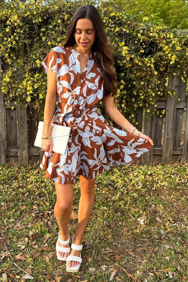 Brown Light Blue Cap Sleeve Button Down Belted Mini Dress PinkBlush Brown Light Blue Cap Sleeve Button Down Belted Mini Dress PinkBlush