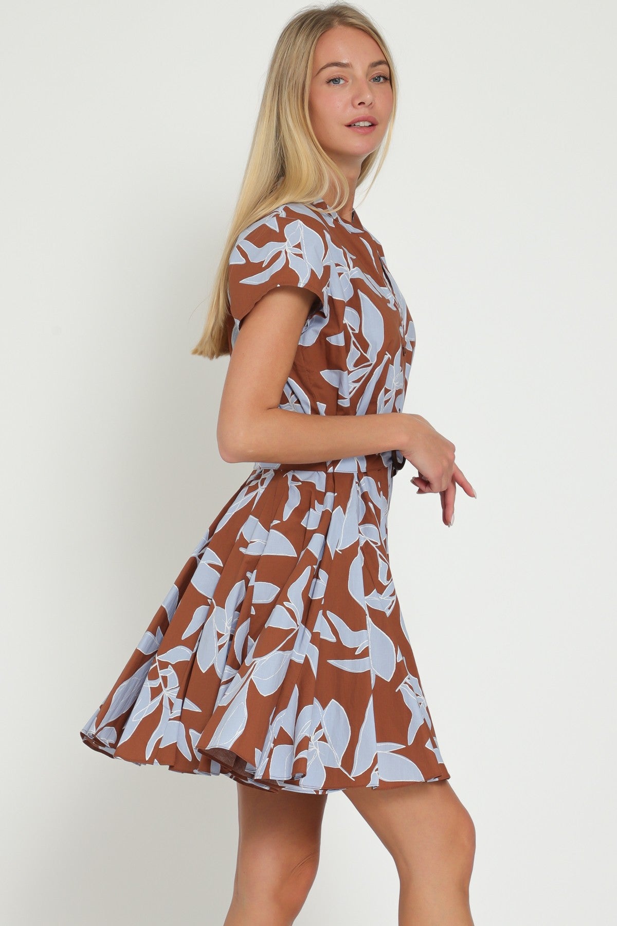 Brown Light Blue Cap Sleeve Button Down Belted Mini Dress Brown Light Blue Cap Sleeve Button Down Belted Mini Dress