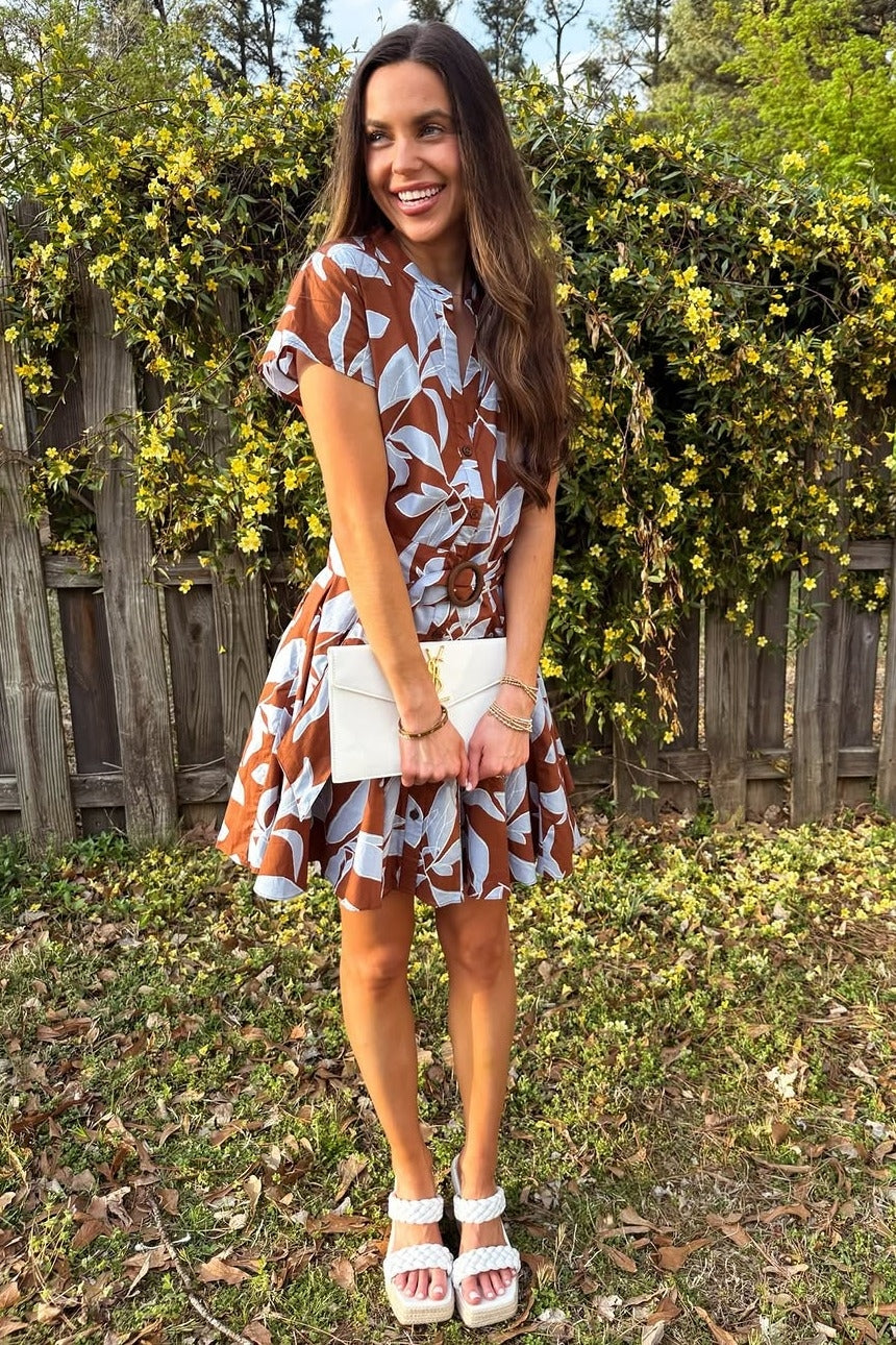 Brown Light Blue Cap Sleeve Button Down Belted Mini Dress PinkBlush Brown Light Blue Cap Sleeve Button Down Belted Mini Dress PinkBlush