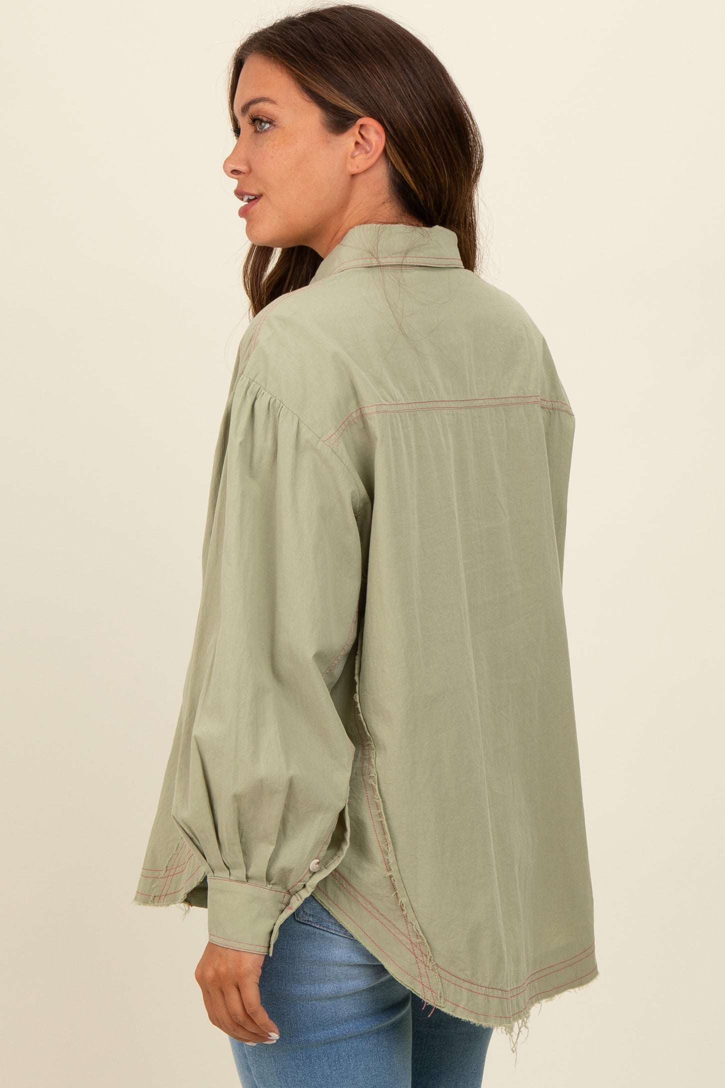 Light Olive Contrast Stitch Button Up Collared Long Sleeve Maternity Top