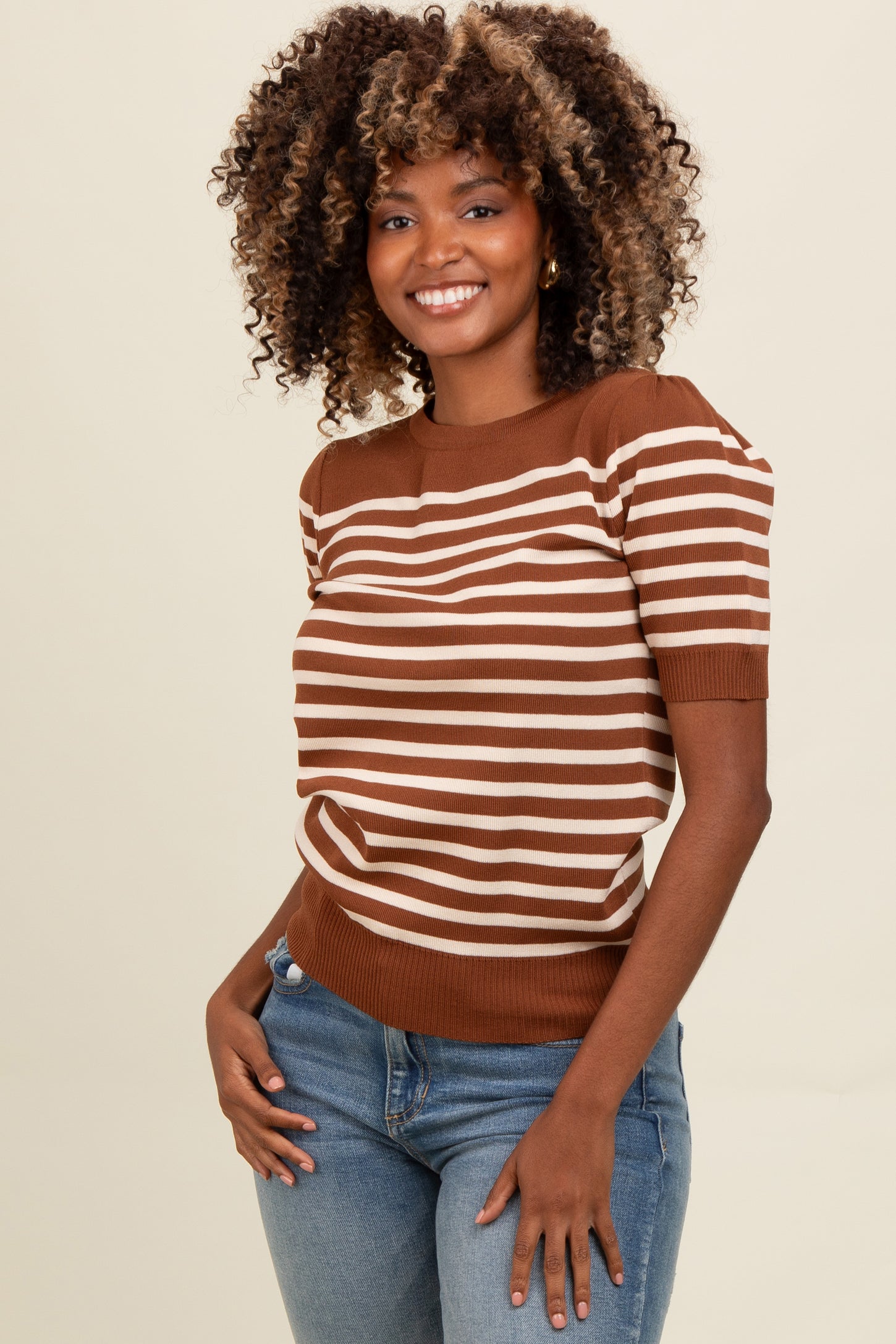 Mocha Striped Short Sleeve Knit Maternity Top