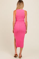 Pink Ribbed Side Slit Sleeveless Maternity Midi Dress