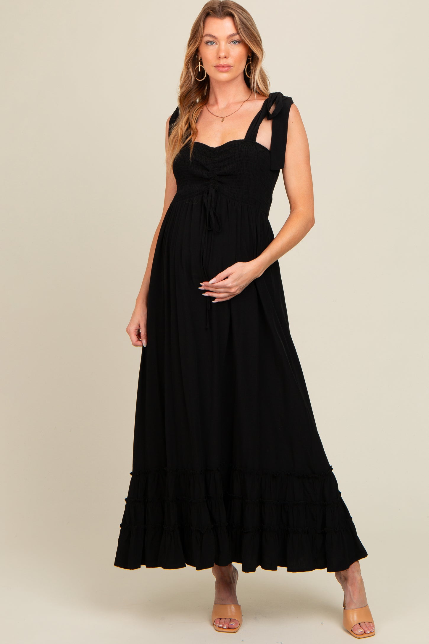 Black Sweetheart Neck Smocked Shoulder Tie Maternity Maxi Dress PinkBlush Black Sweetheart Neck Smocked Shoulder Tie Maternity Maxi Dress PinkBlush