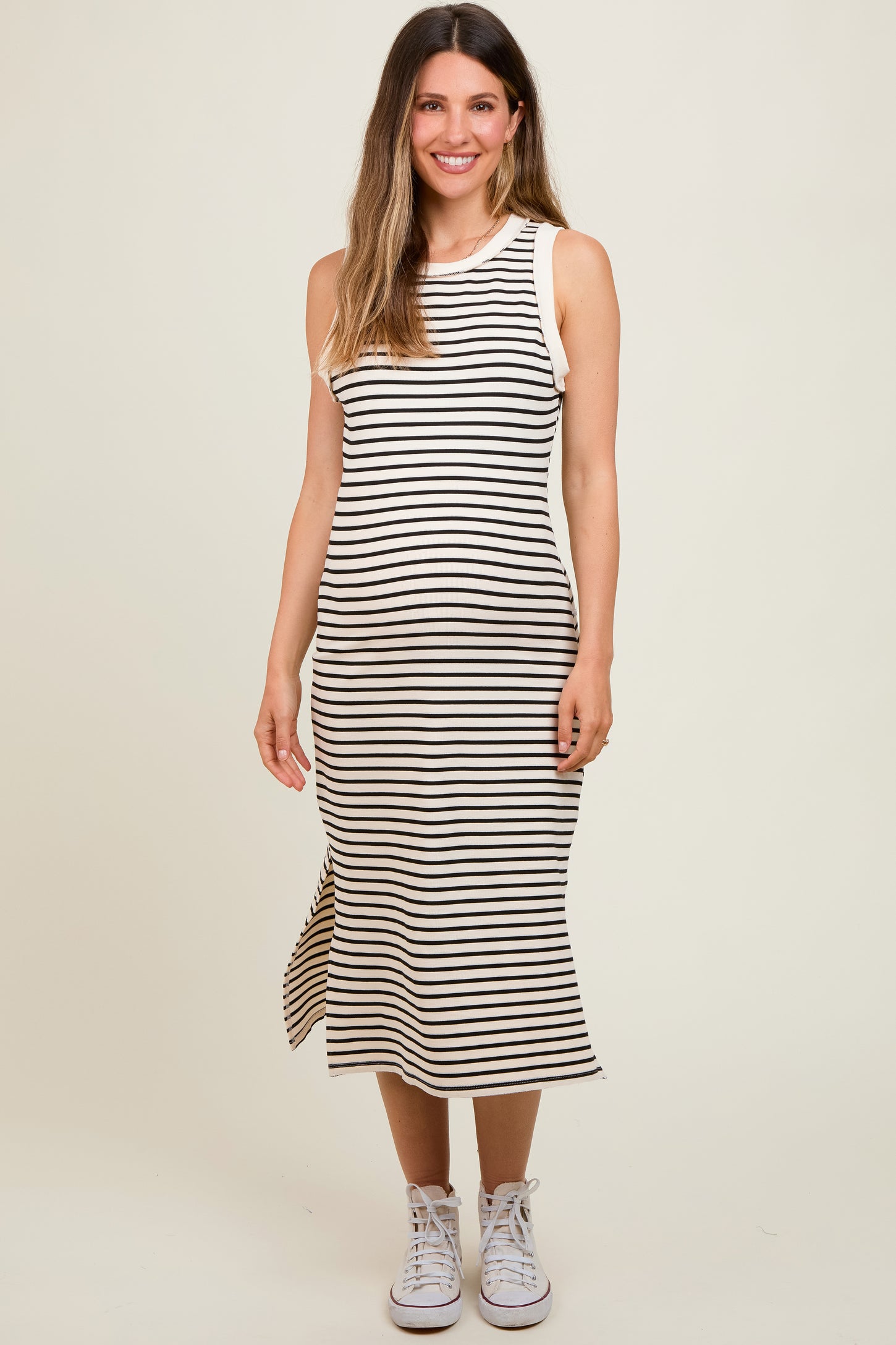 Cream Black Striped Sleeveless Maternity Midi Dress
