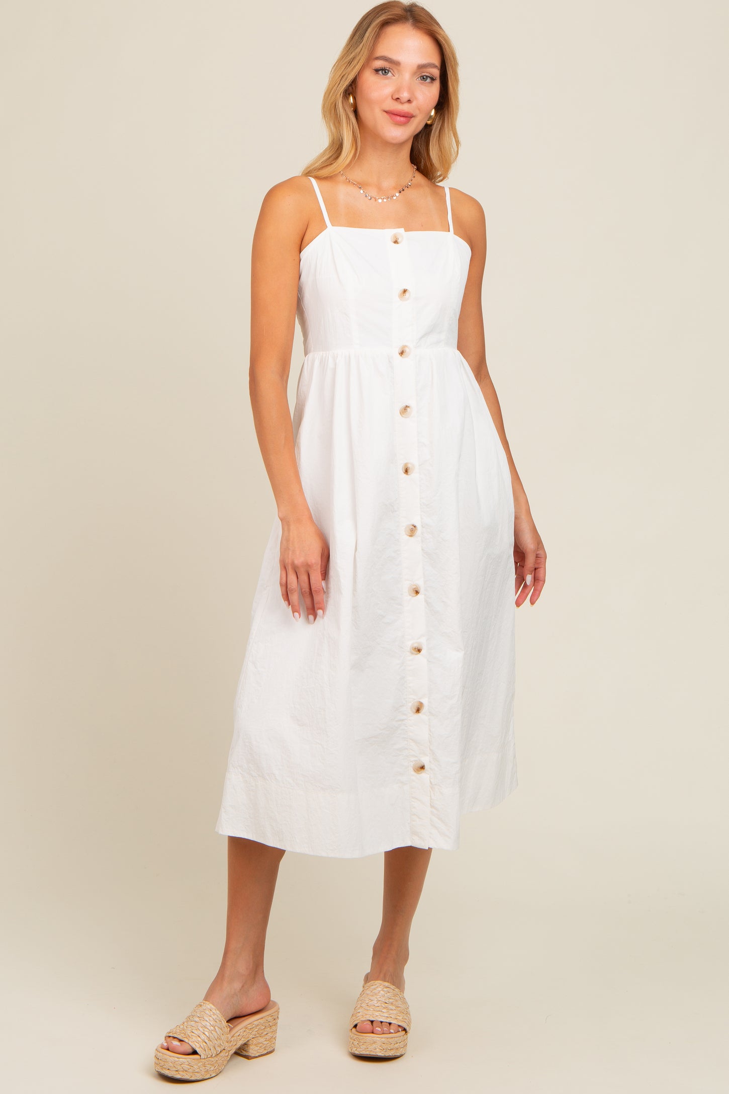Ivory Sleeveless Button Down Midi Dress PinkBlush Ivory Sleeveless Button Down Midi Dress PinkBlush