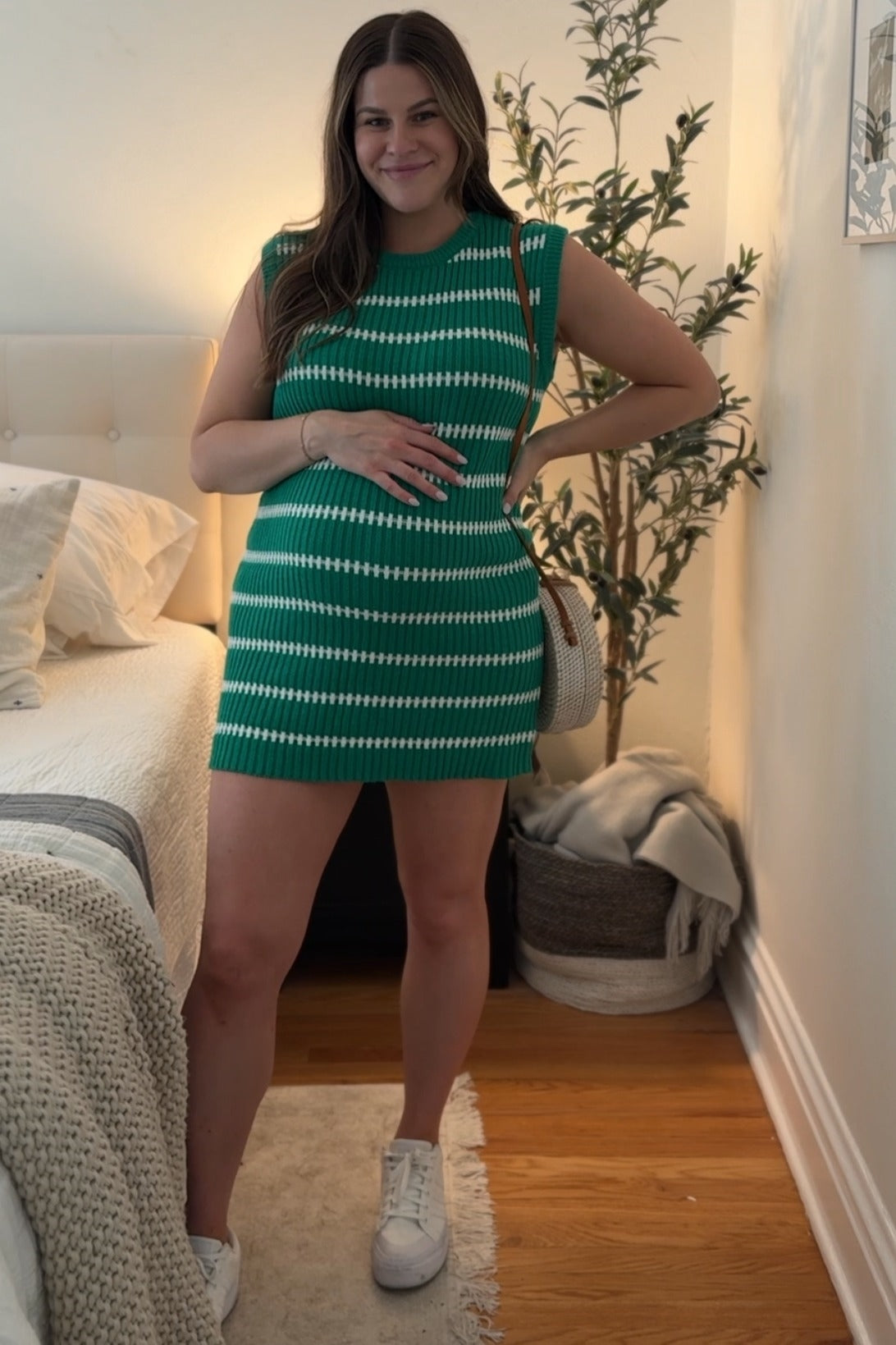 Green Striped Sweater Knit Sleeveless Maternity Dress