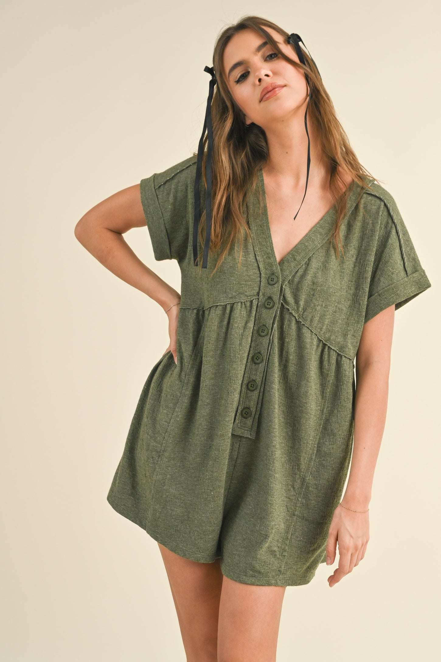 Olive Button Up Raw Hem Maternity Romper