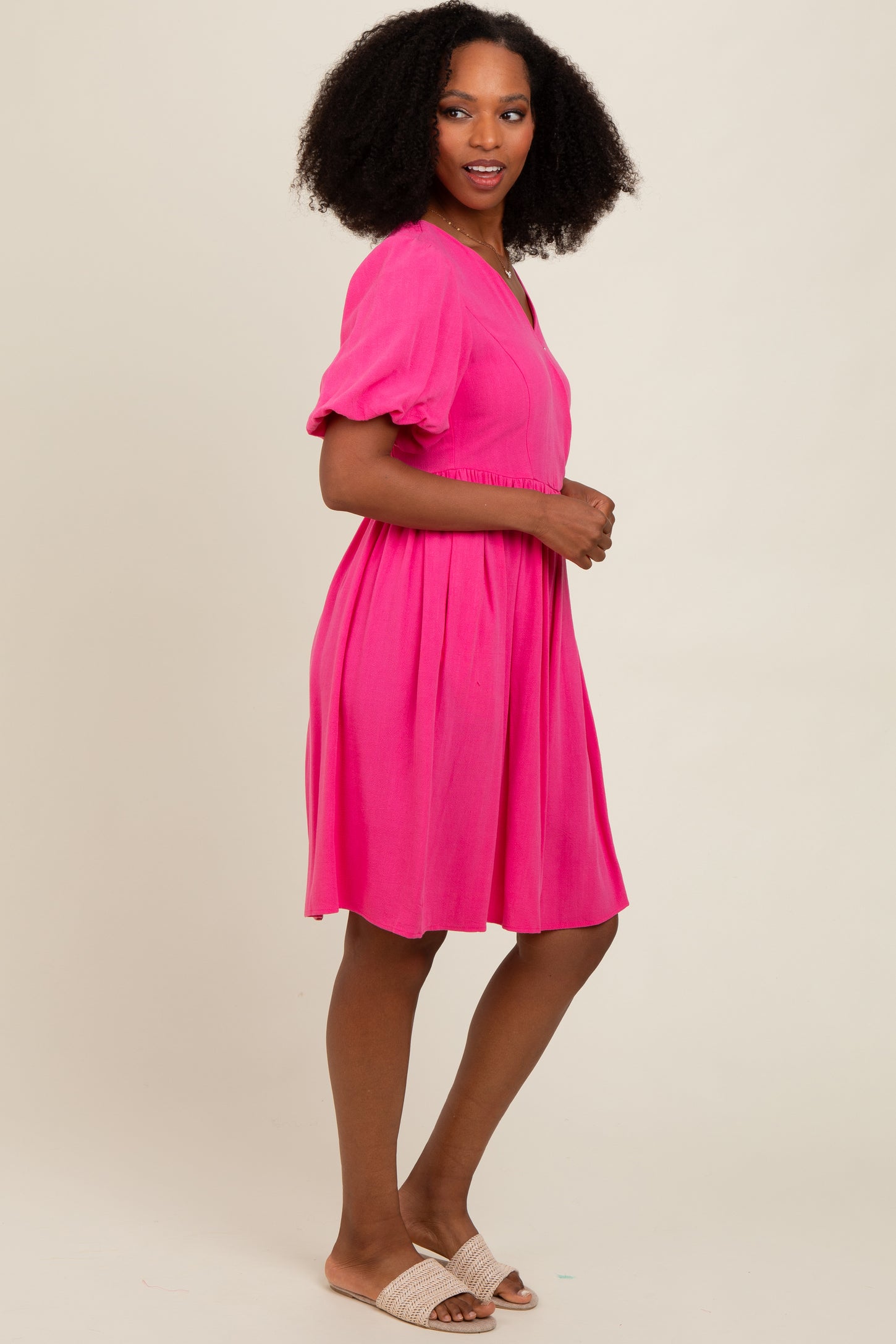 pink linen puff sleeve dress Linen Dress Paola,linen Midi Dress, Pink Puff Sleeves Dress,kaftan Dress,maternity Dress