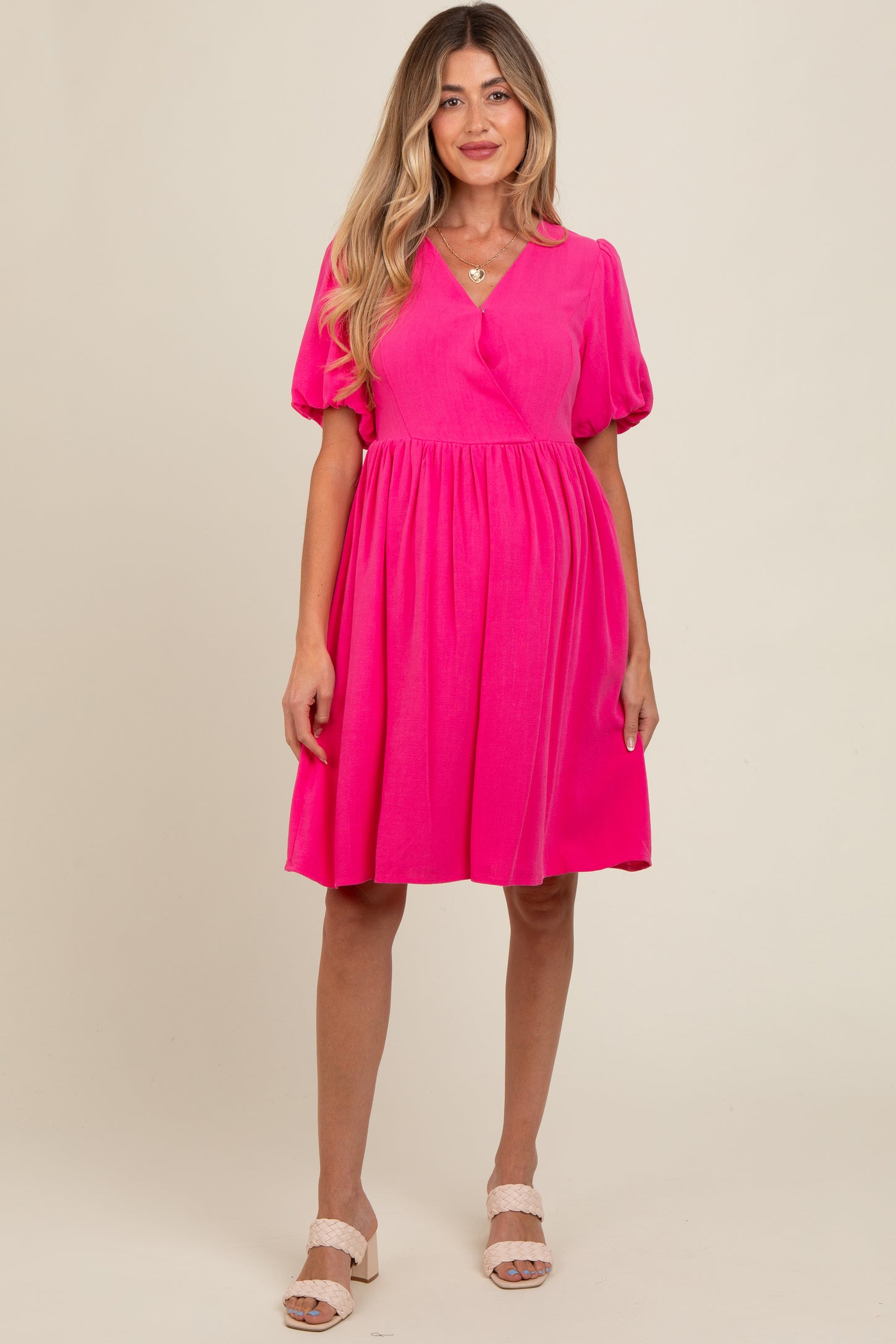 Fuchsia Linen Puff Sleeve Maternity Dress PinkBlush Fuchsia Linen Puff Sleeve Maternity Dress PinkBlush