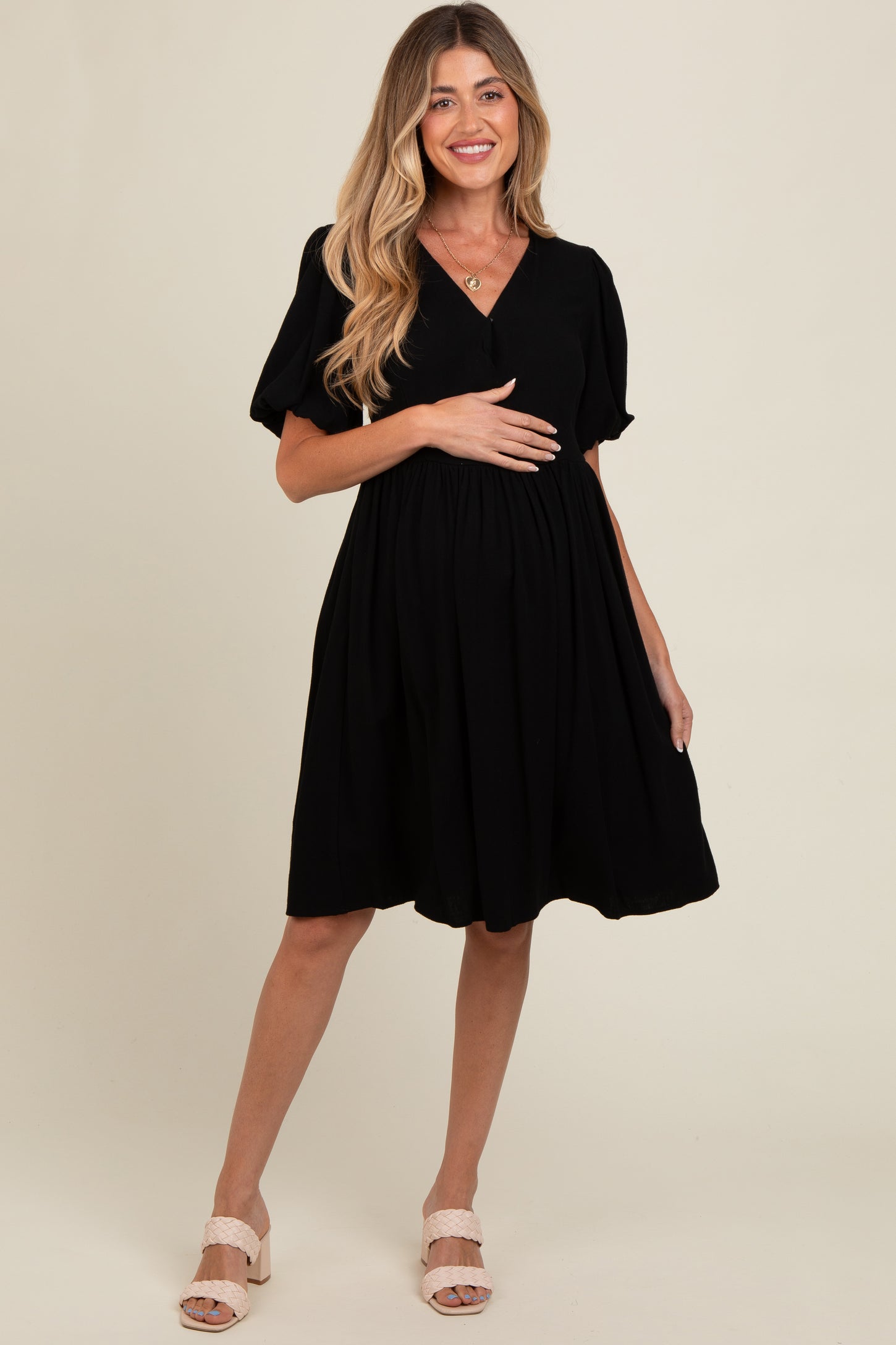 Black Linen Puff Sleeve Maternity Dress PinkBlush Black Linen Puff Sleeve Maternity Dress PinkBlush