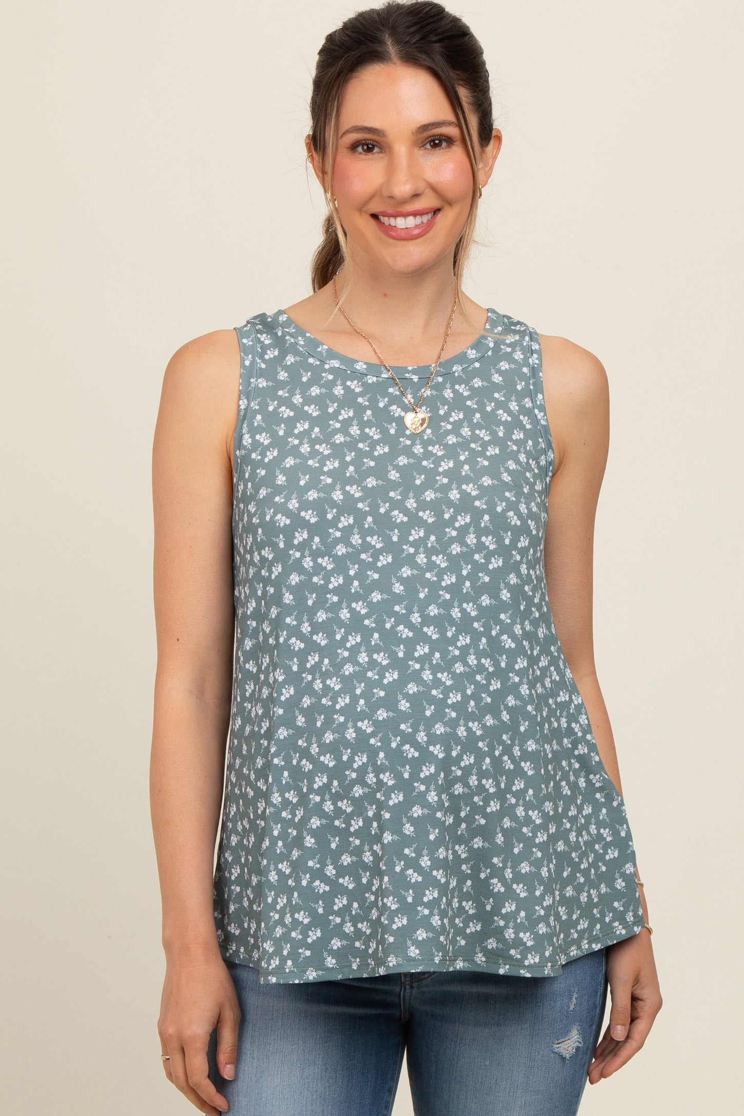 Olive Floral Basic Sleeveless Maternity Top
