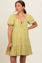 Light Olive U Notched Bubble Short Sleeve Maternity Dress