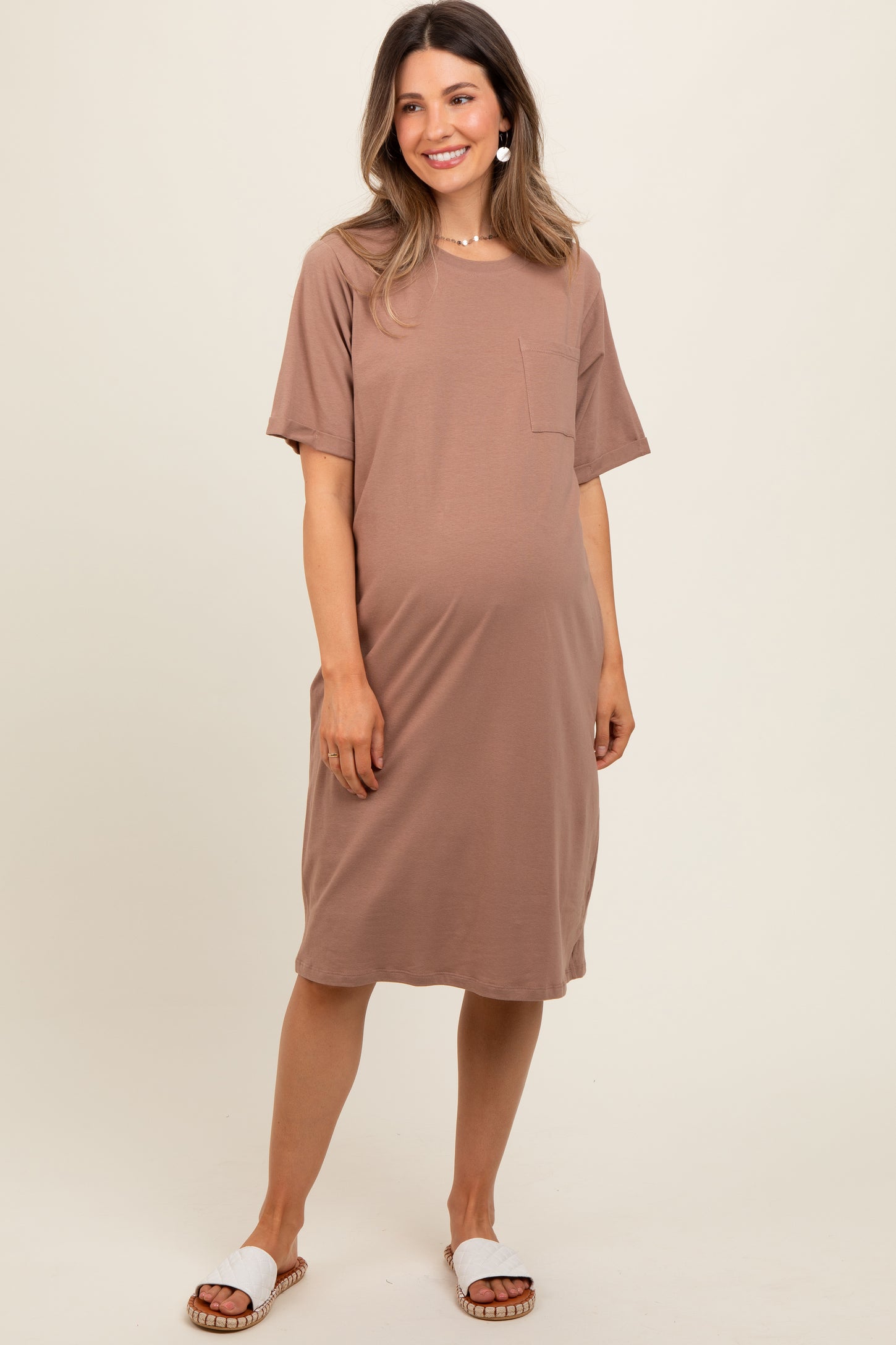 maternity dress shirts Beige Cotton Gauze Oversized Maternity Button Down Shirt PinkBlush