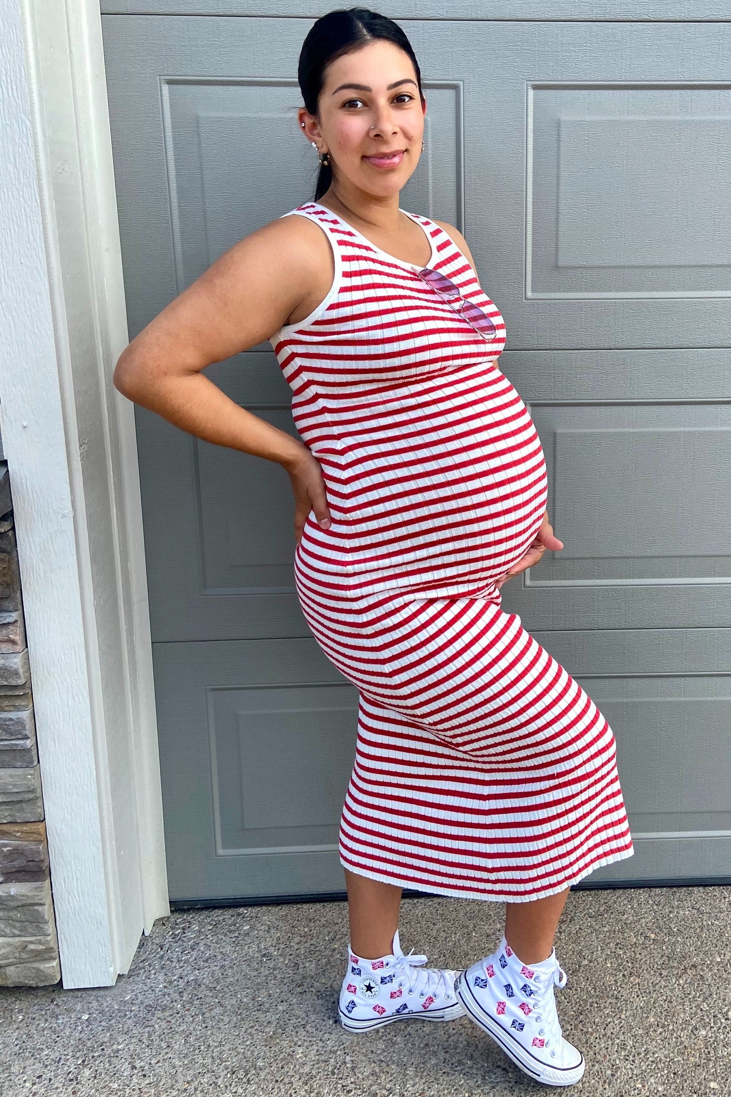 red and white striped maternity dress Red Striped Sleeveless Side Slit Maternity Maxi Dress