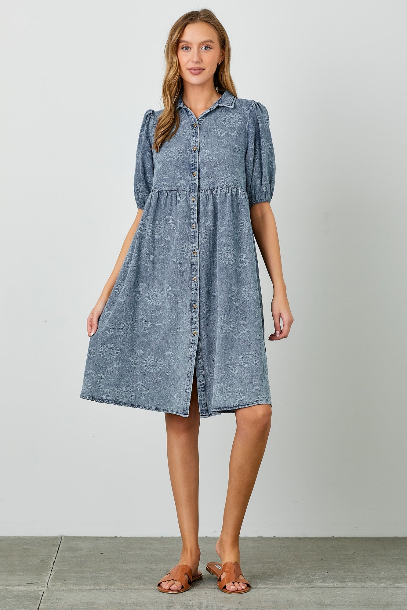 blue blush denim dress Sail to Sable Flutter Sleeve Eyelet Midi Dress
