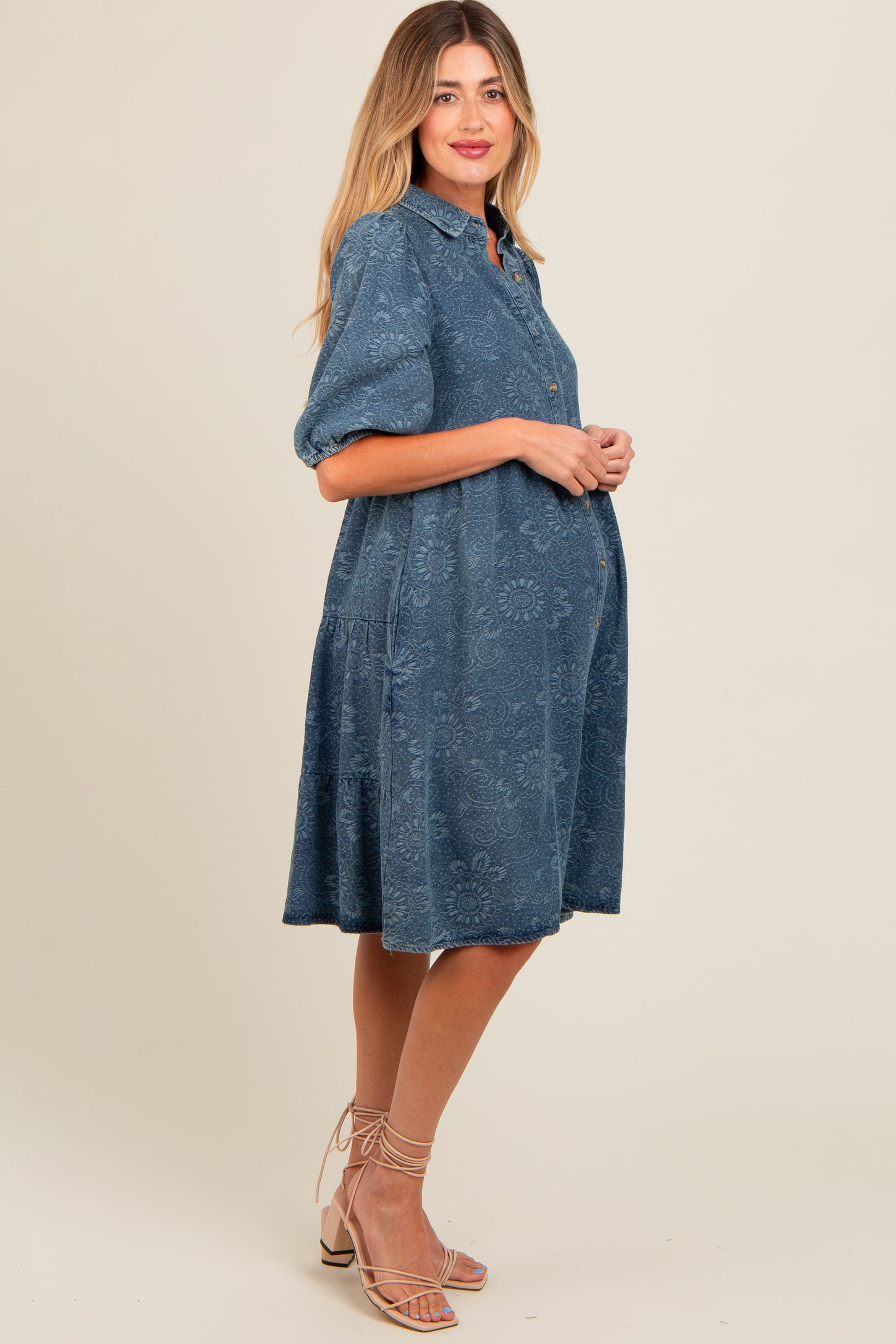 Blue Denim Button Front Short Puff Sleeve Maternity Dress PinkBlush Blue Denim Button Front Short Puff Sleeve Maternity Dress PinkBlush
