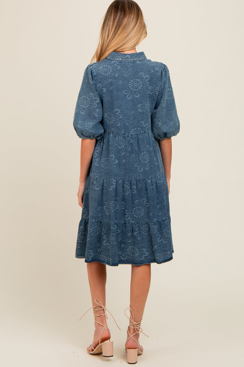 Blue Denim Button Front Short Puff Sleeve Maternity Dress – PinkBlush
