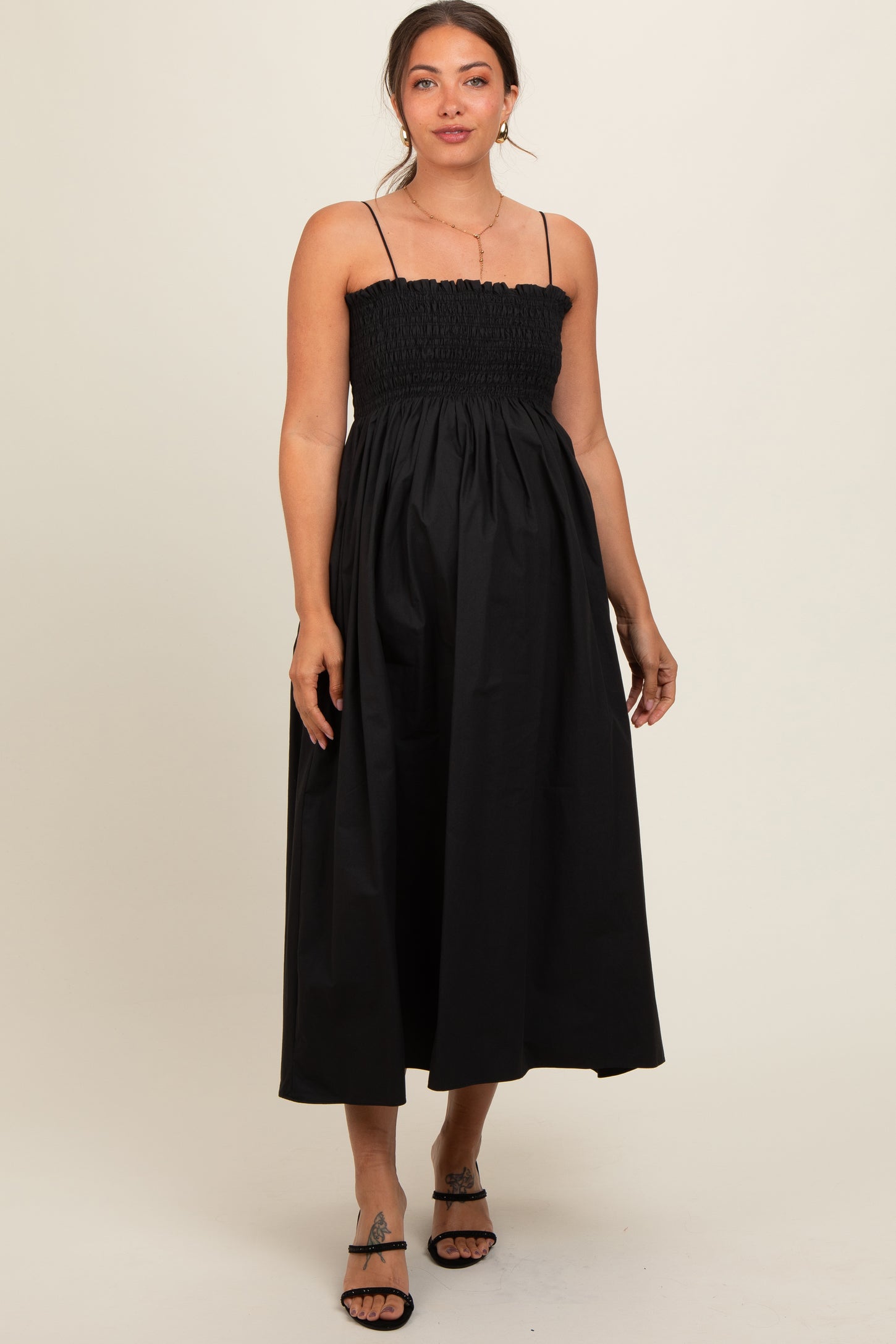 Black Smocked Pocketed Maternity Midi Dress Black Smocked Pocketed Maternity Midi Dress