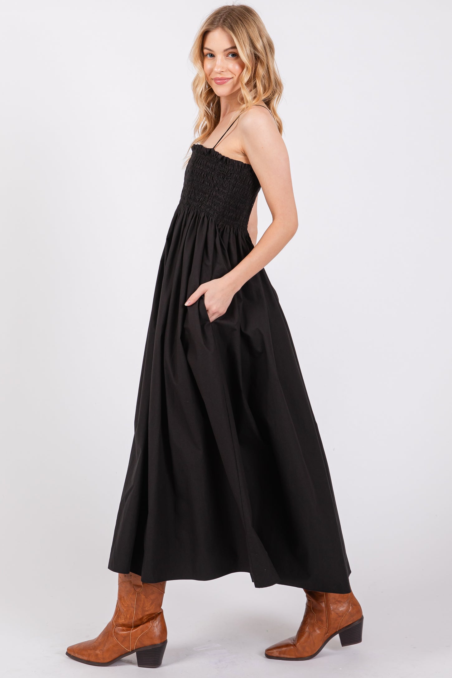 black smocked midi dress Fit & Flare Smocked Midi Dress