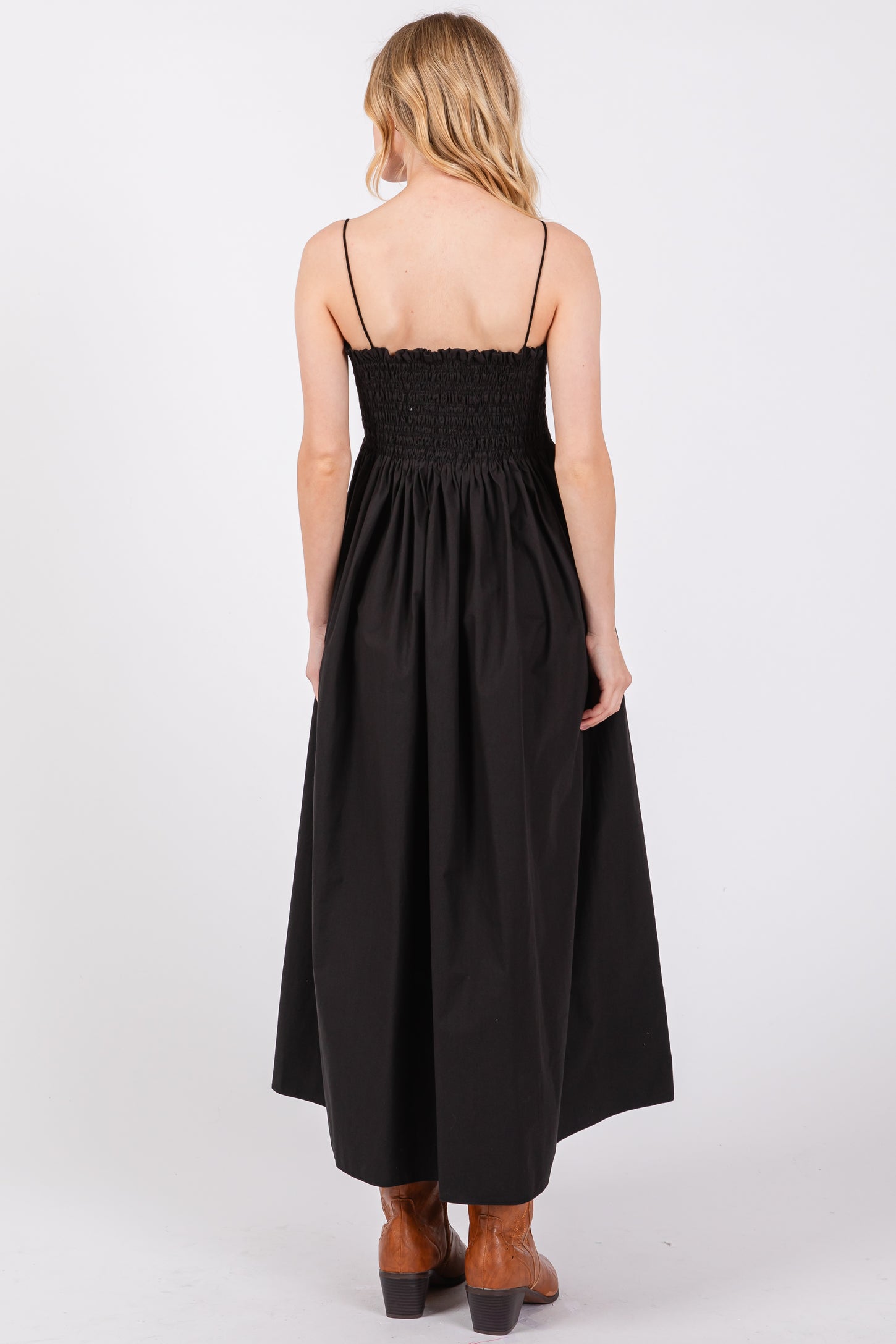 Black Smocked Pocketed Midi Dress