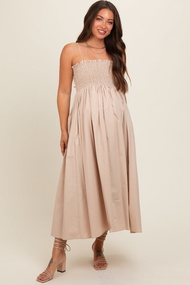 Beige Smocked Pocketed Maternity Midi Dress – PinkBlush