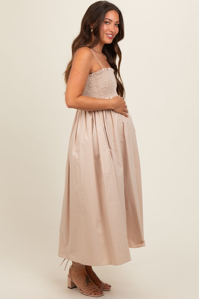 Beige Smocked Pocketed Maternity Midi Dress – PinkBlush