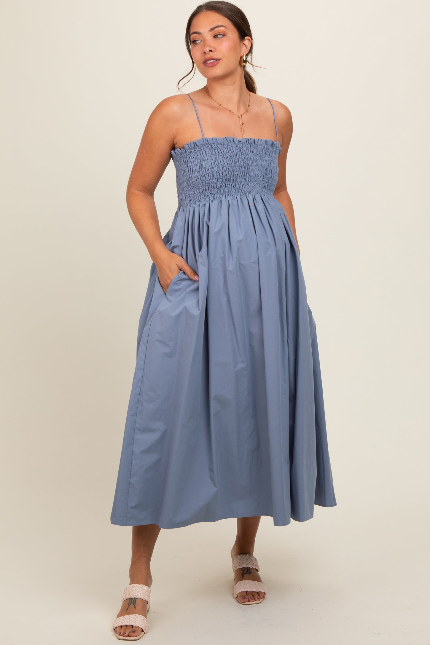 blue smocked maternity dress Ripe Selma Shirred Maternity Dress (Pale Blue)