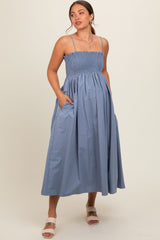 Blue Smocked Pocketed Maternity Midi Dress