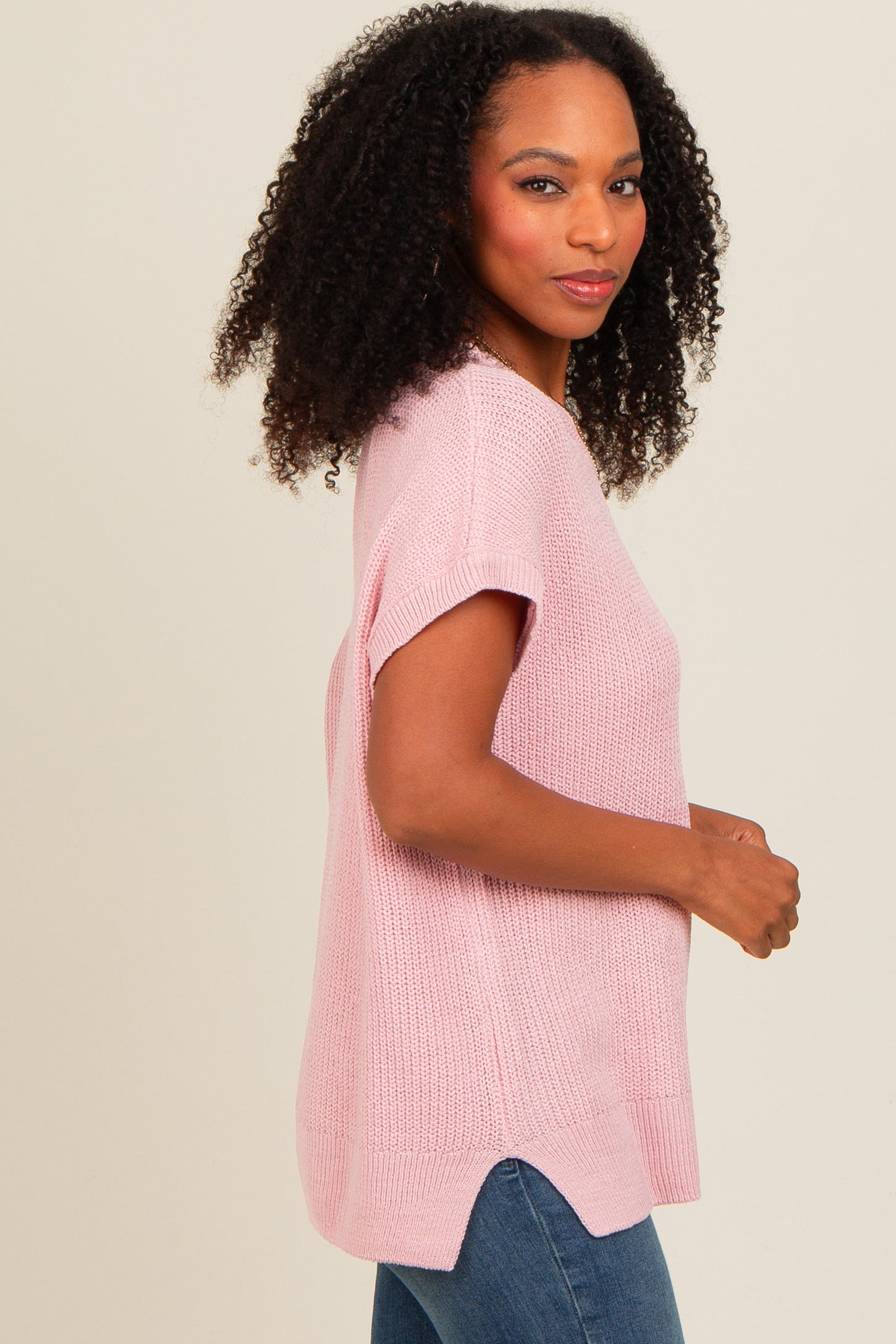 Pink Dolman Short Sleeve Side Slit Sweater Top
