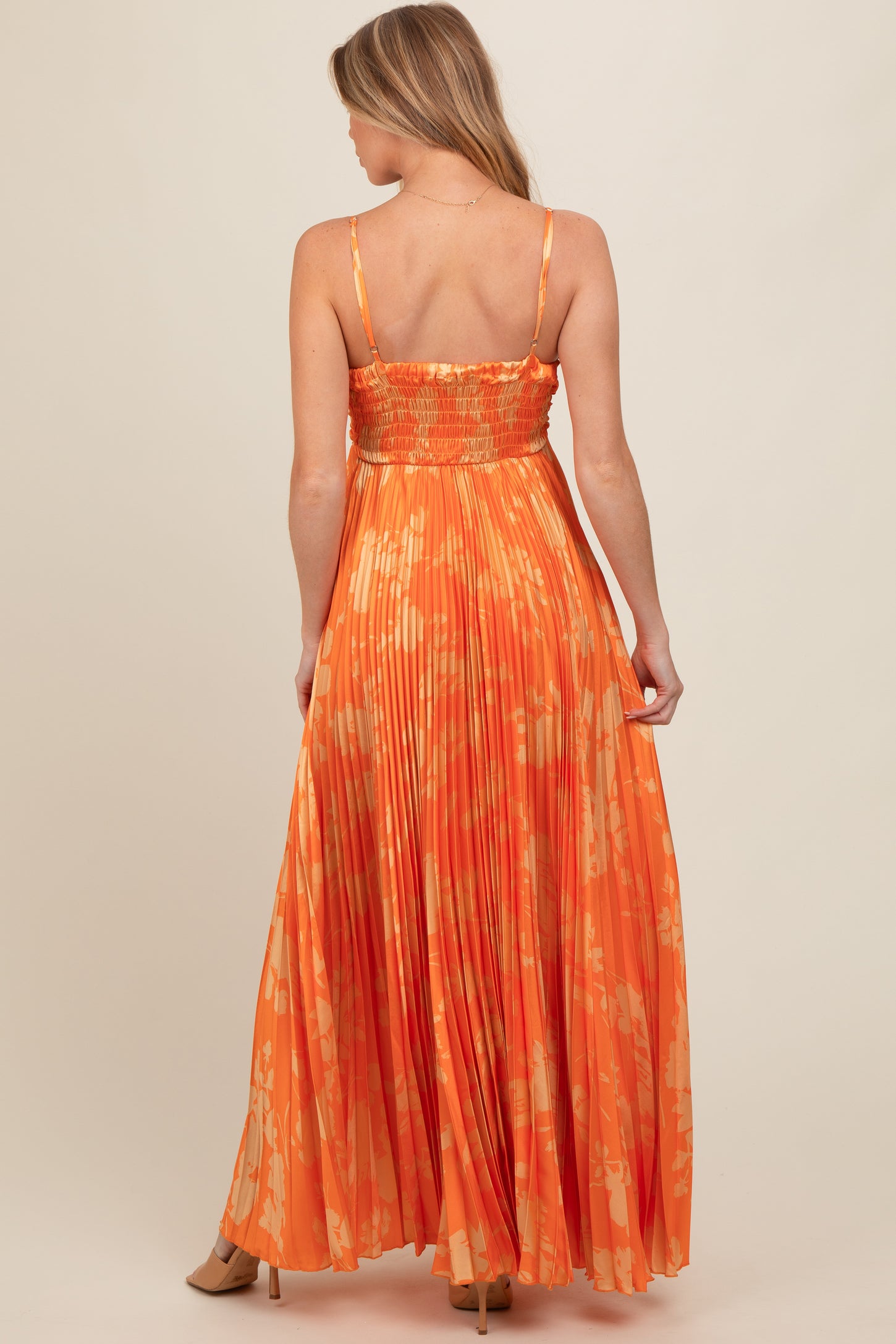 Orange Floral Pleated Satin Maternity Maxi Dress PinkBlush Orange Floral Pleated Satin Maternity Maxi Dress PinkBlush