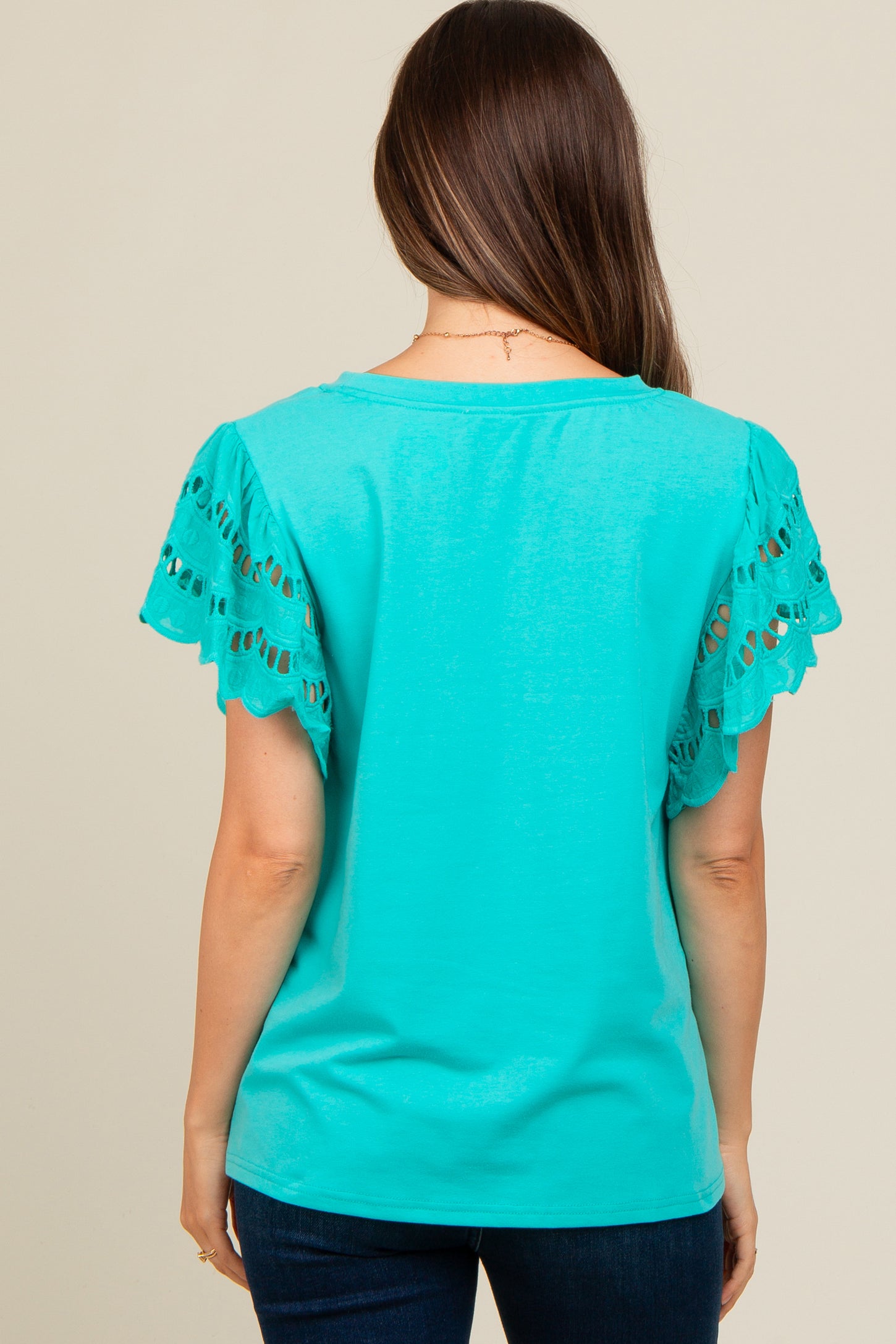 Turquoise Eyelet Lace Short Sleeve Maternity Top